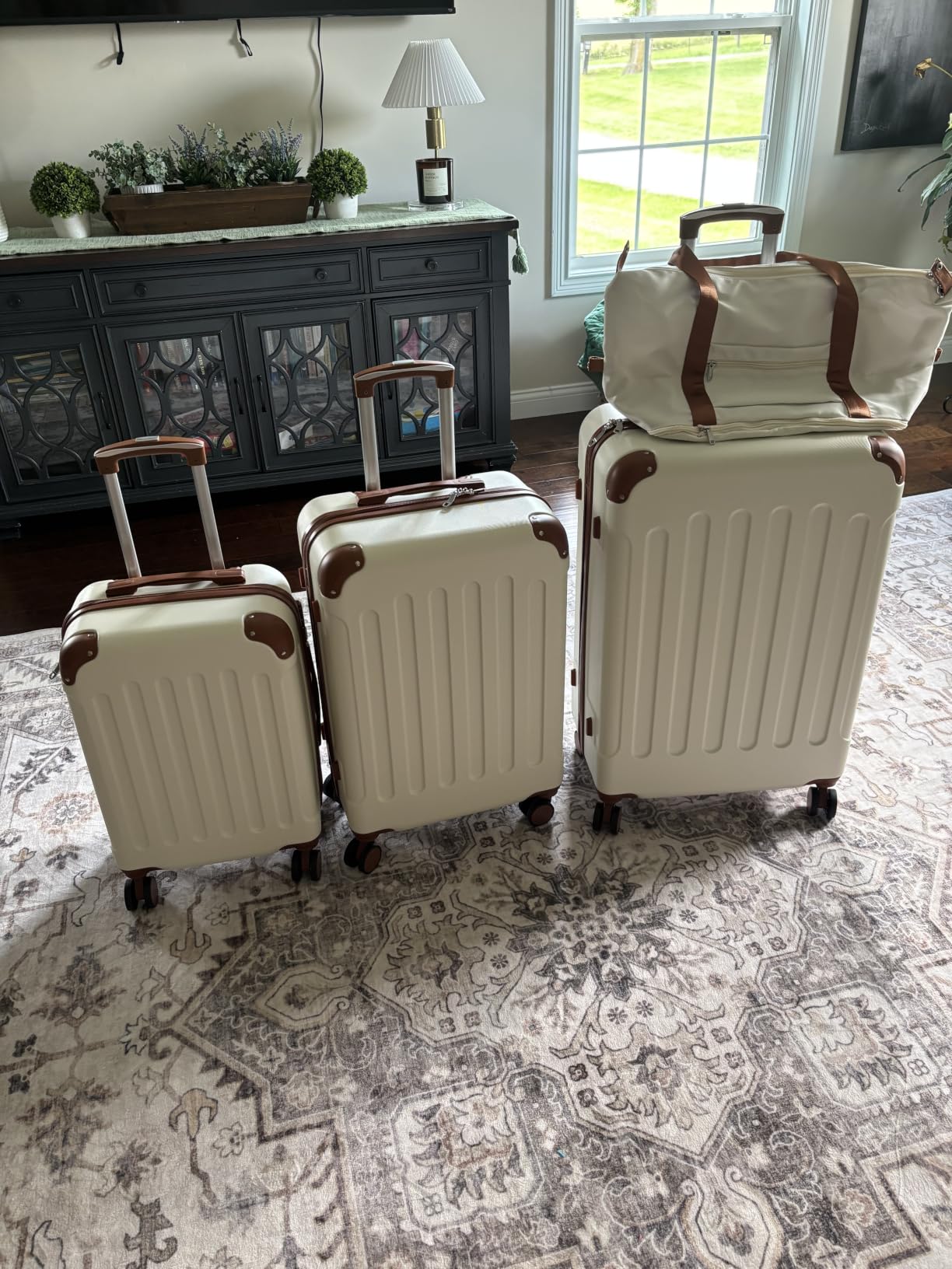 YOETEY Luggage Sets 5 Piece, Hardside Suitcase with Wheels, TSA Approved, White Brown customer photo 1