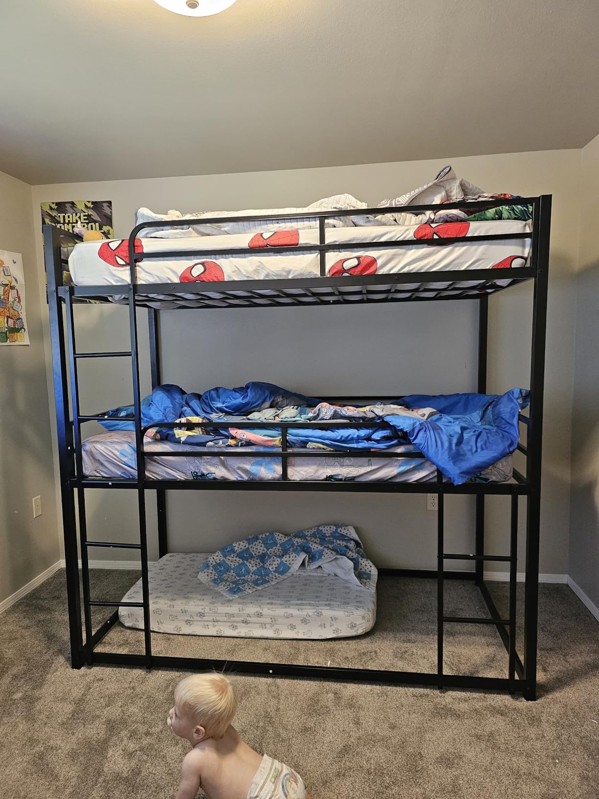 Mixcous Metal Triple Bunk Bed, Twin Over Twin Over Twin Heavy Duty Bunkbeds, Full-Length Guardrail Family-Friendly for All Ages, Bedroom, No Box Spring Needed, Easy Assembly, Black customer photo 1