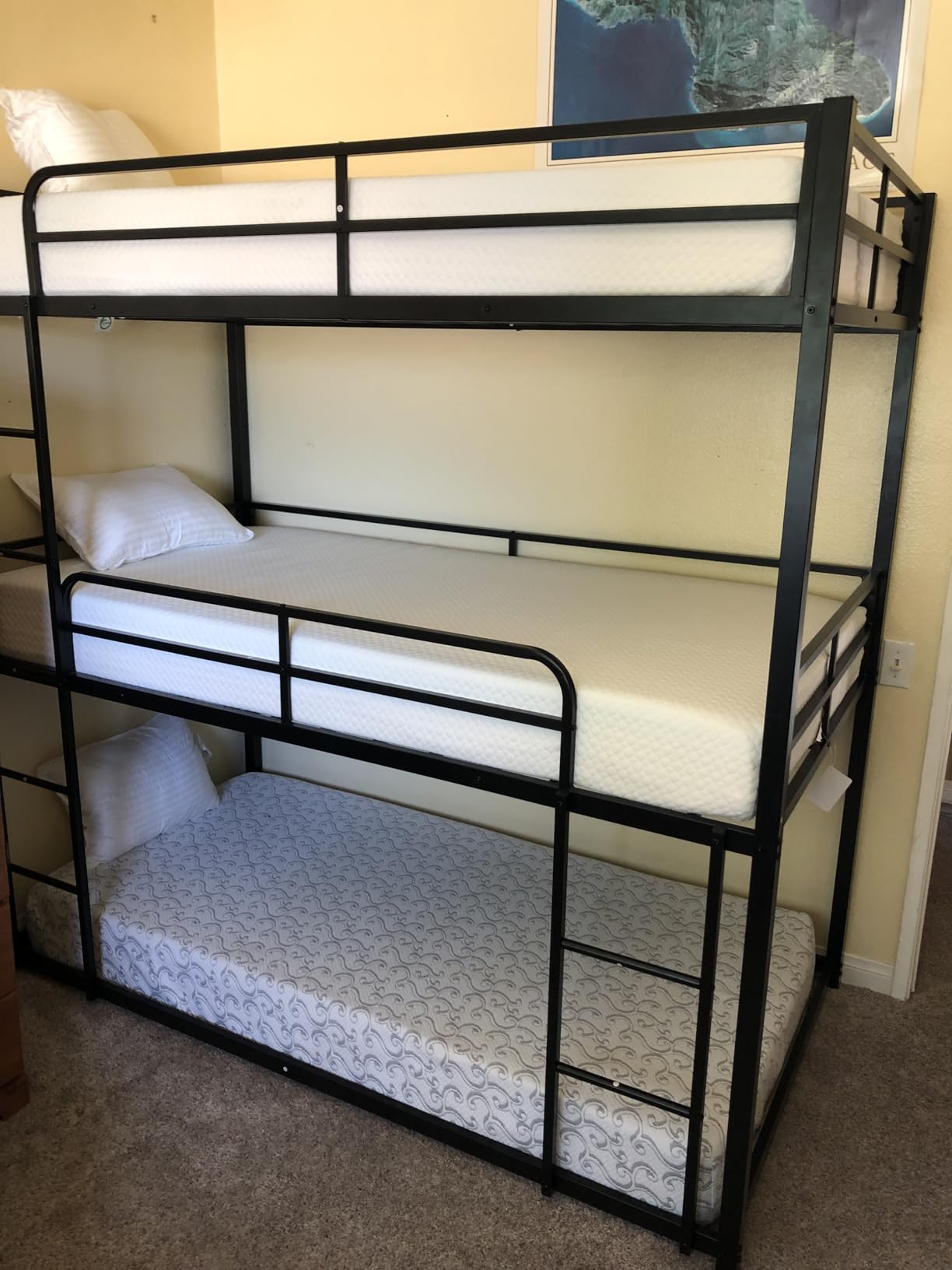 Mixcous Metal Triple Bunk Bed, Twin Over Twin Over Twin Heavy Duty Bunkbeds, Full-Length Guardrail Family-Friendly for All Ages, Bedroom, No Box Spring Needed, Easy Assembly, Black customer photo 2