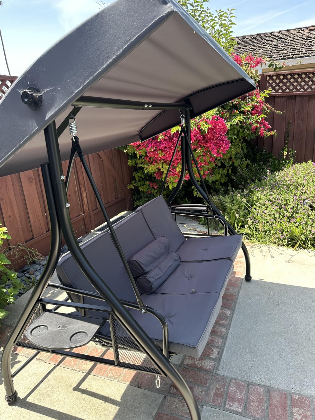 Aoxun Outdoor Porch Swing with Stand and Canopy, 3 Seats Outdoor Swings for Adults, Convertible 2 in 1 Swing Bed with Cup Holder, Patio Swings with Thicken Cushions for Garden, Yard & Balcony, Blue customer photo 1