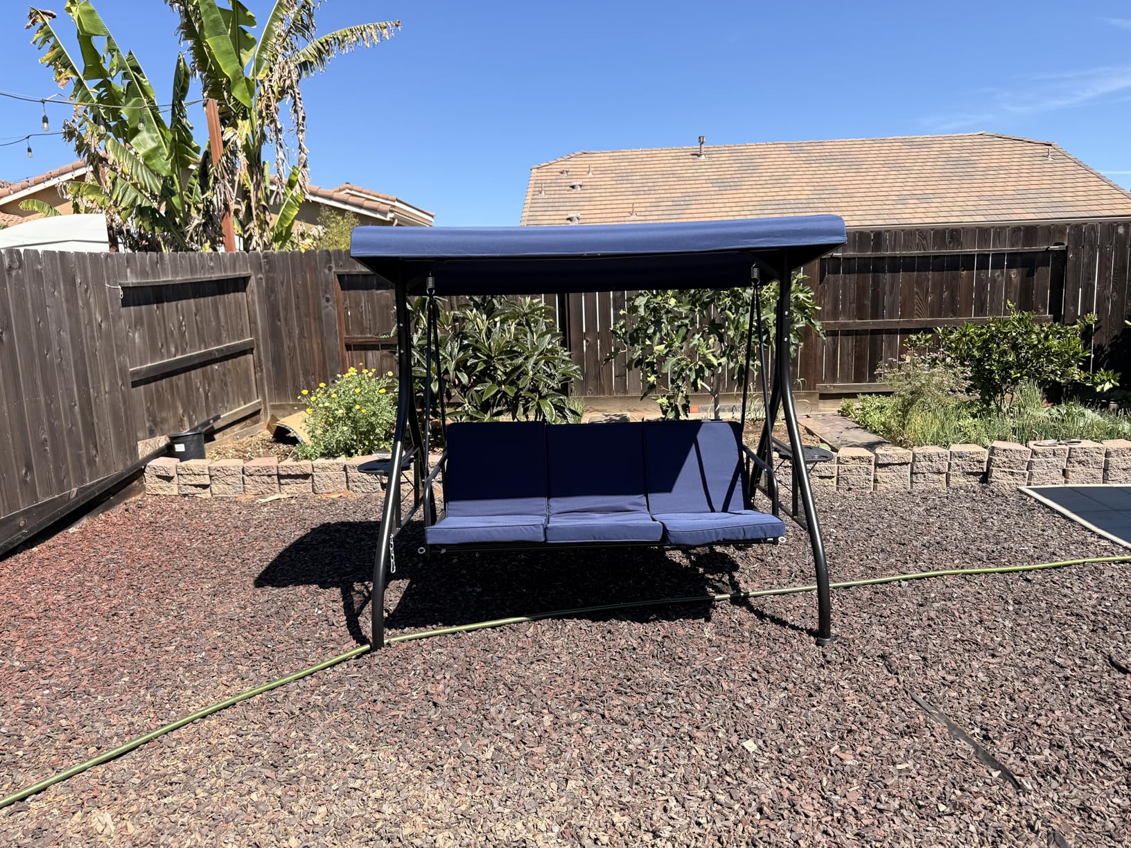 Aoxun Outdoor Porch Swing with Stand and Canopy, 3 Seats Outdoor Swings for Adults, Convertible 2 in 1 Swing Bed with Cup Holder, Patio Swings with Thicken Cushions for Garden, Yard & Balcony, Blue customer photo 2