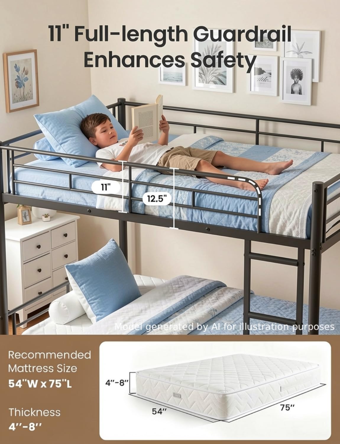 Mixcous Full Over Full Bunk Bed for Adults, Heavy Duty Metal Bunk Bed Frame, Convertible into 2 Full Beds, Noise-Free, Full-Length Guardrails & EVA Padded Ladder, No Box Spring Needed, Black customer photo 1