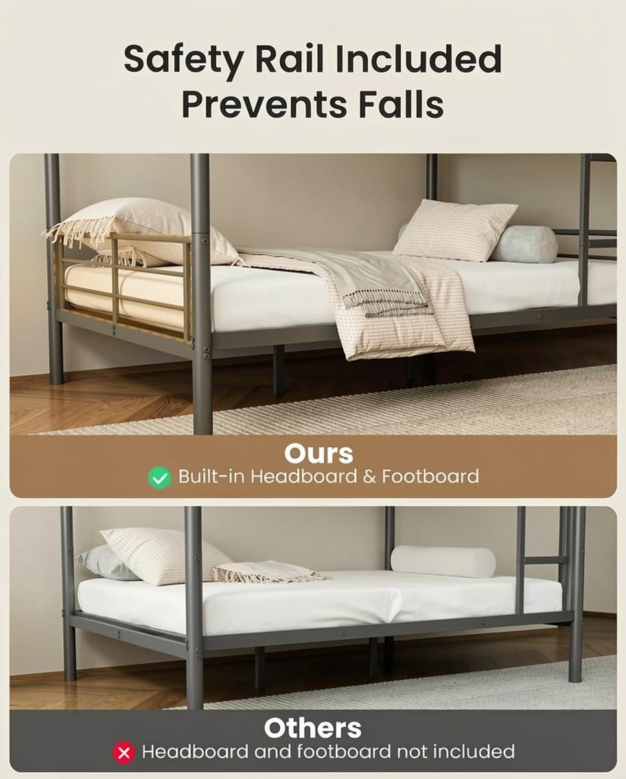 Mixcous Full Over Full Bunk Bed for Adults, Heavy Duty Metal Bunk Bed Frame, Convertible into 2 Full Beds, Noise-Free, Full-Length Guardrails & EVA Padded Ladder, No Box Spring Needed, Black customer photo 2