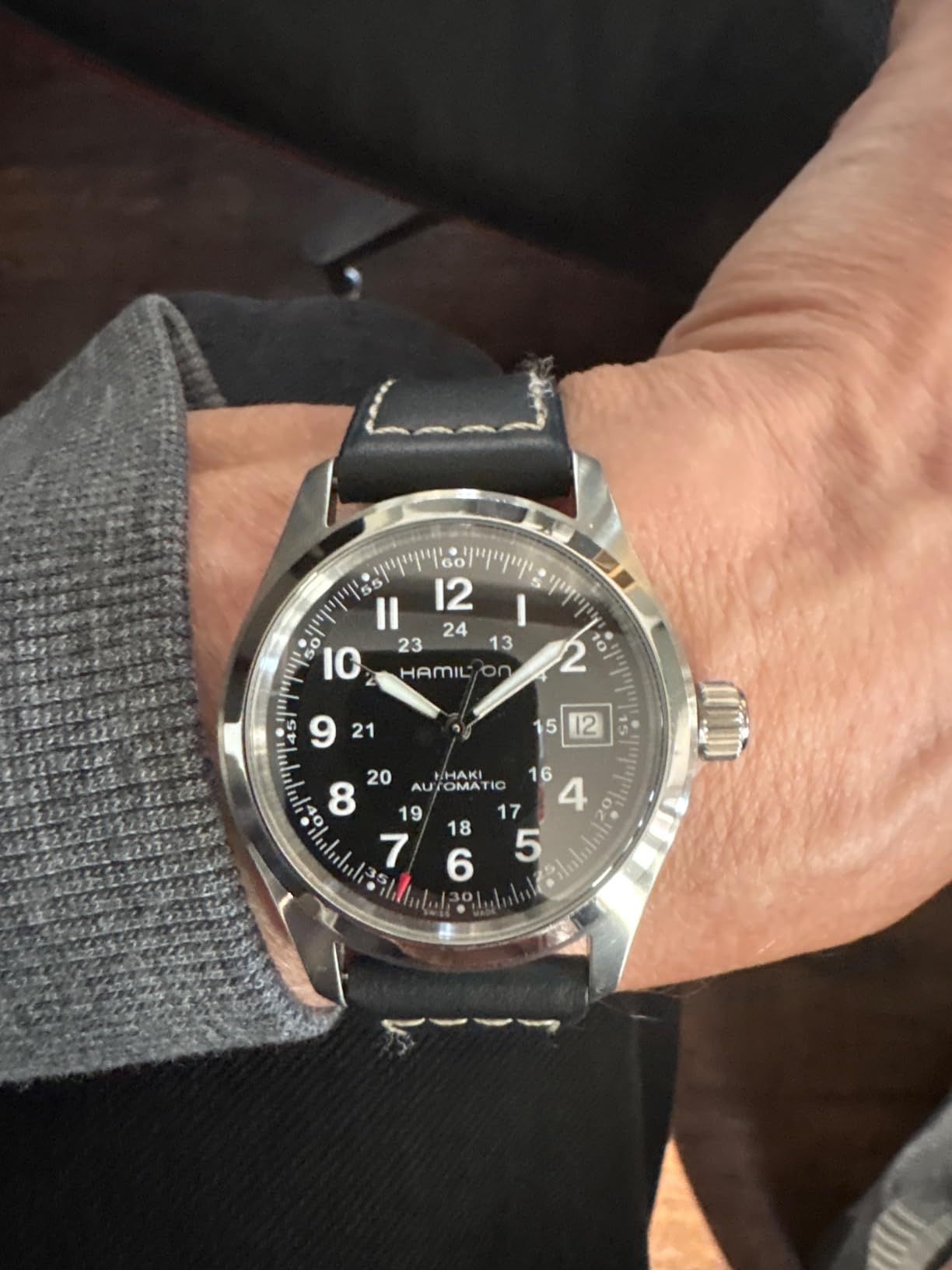 Hamilton Khaki Field Automatic Men's Watch, 38mm Stainless Steel Case, Swiss Made, Black Dial, Sapphire Crystal, Cow Leather Strap customer photo 2