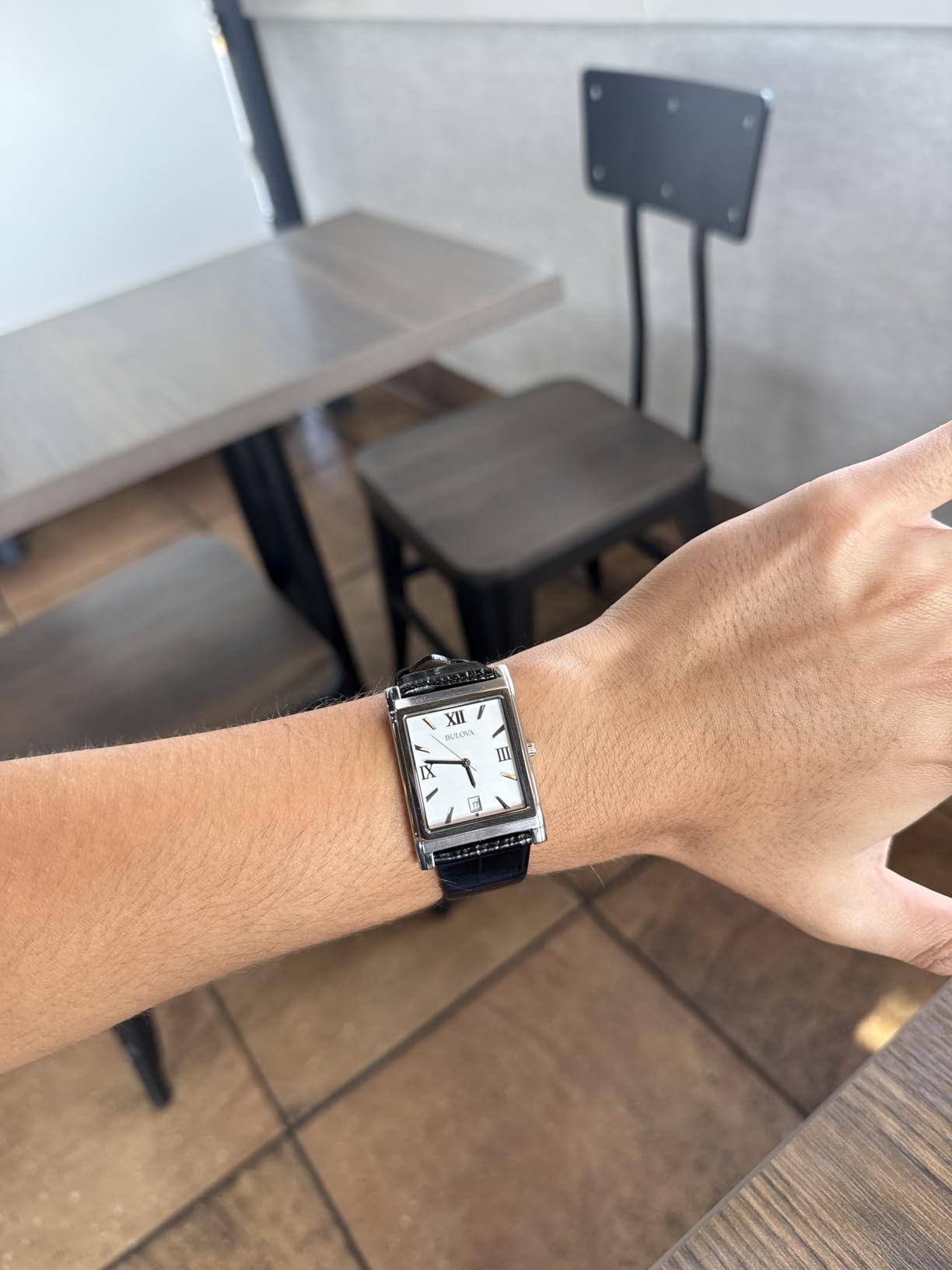 Bulova Men's Stainless Steel 3-Hand Calendar Date Quartz Watch with Black Leather Strap, Rectangle Dial Style: 96B107 customer photo 2
