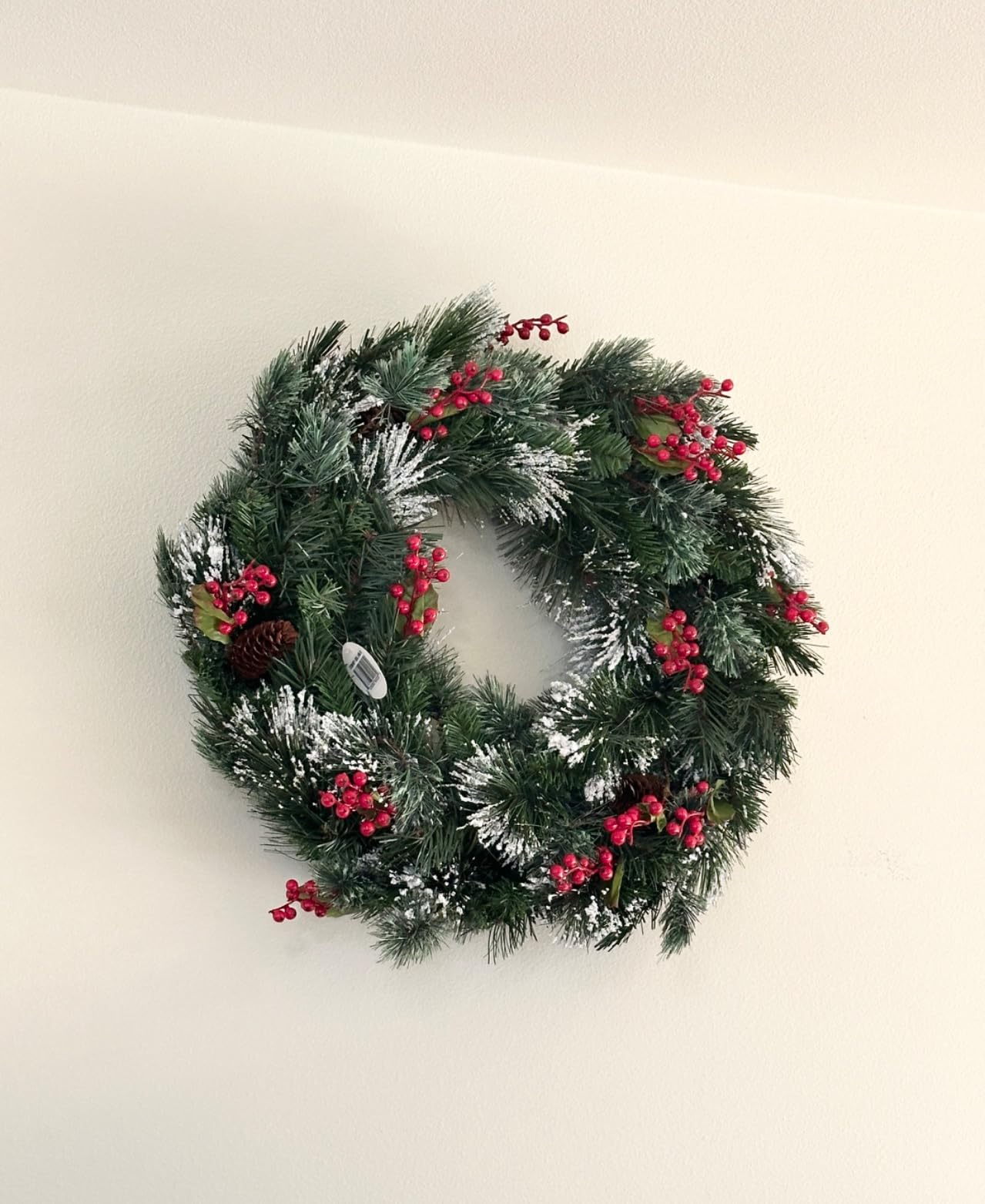 National Tree Company 24 in Pre-Lit Wintry Pine Flocked Artificial Christmas Wreath, Christmas Decoration with Pinecones, Red Berries, 50 Clear LED Lights, 113 Tips, Timer, Green customer photo 2