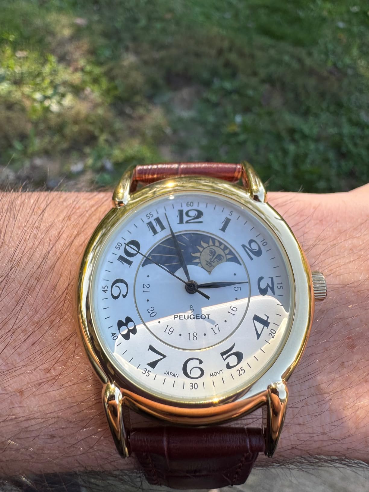 Men's 14K Gold Plated Vintage Moon Phase Leather Dress Watch customer photo 2