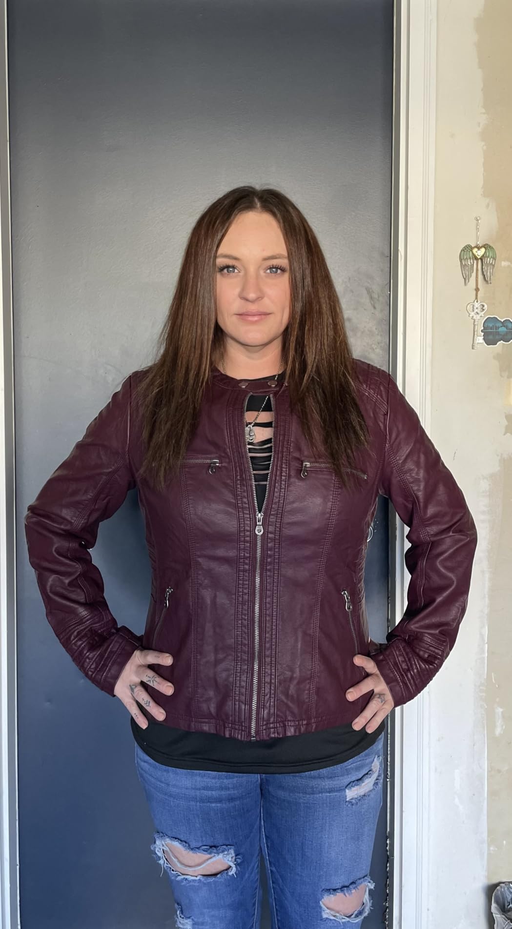 Lock and Love Women's Faux Leather Moto Biker Jacket Coat with Removable Hood customer photo 1