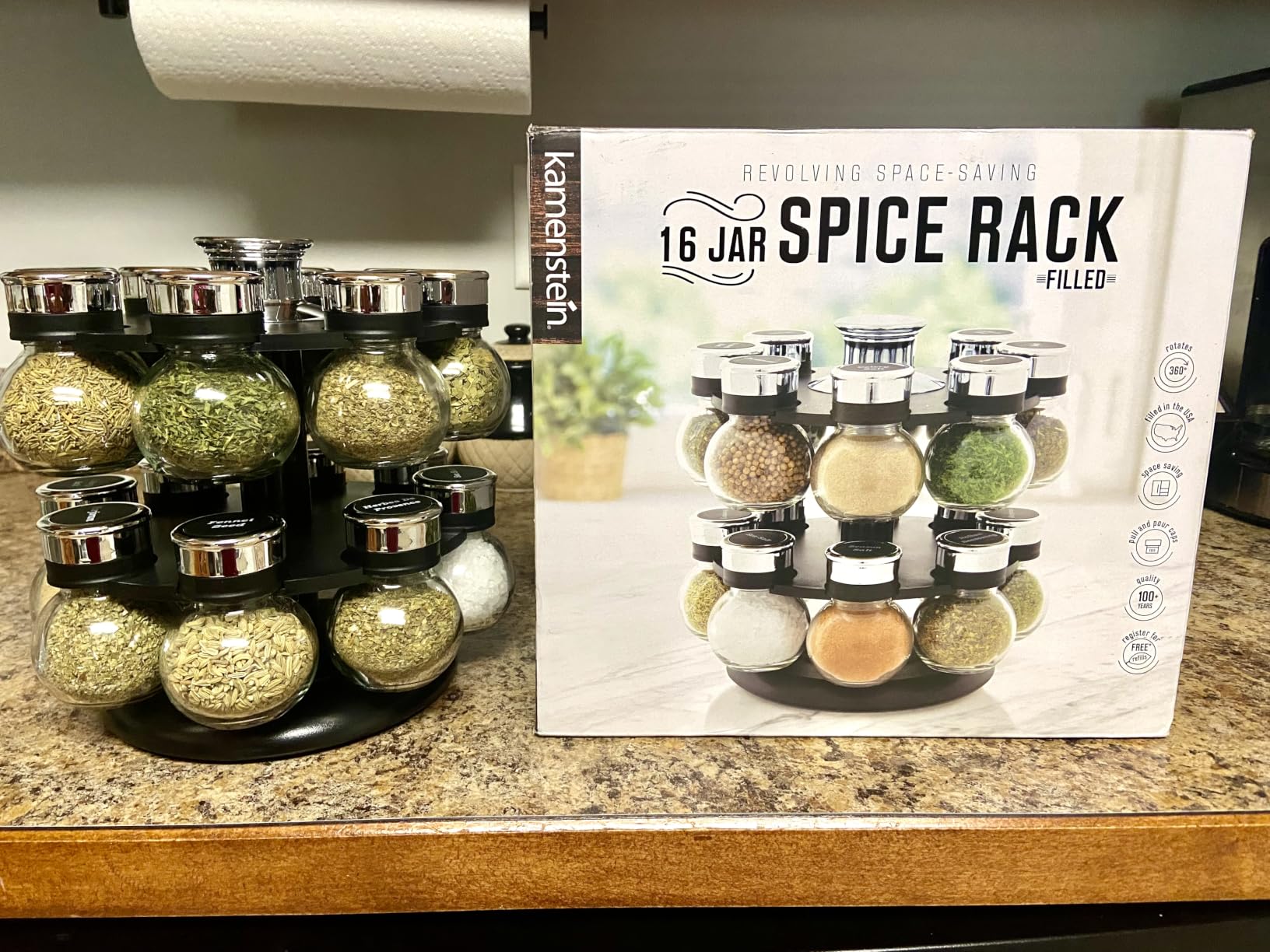 Kamenstein 16 Jar Ellington Revolving Countertop Spice Rack with Lift & Pour Caps and Spices Included, FREE Spice Refills for 5 Years: Black and Chrome customer photo 1