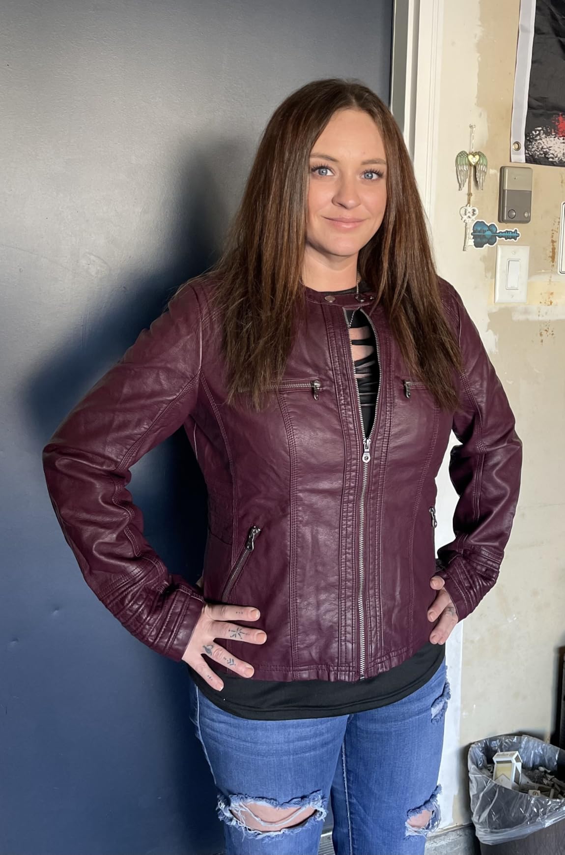 Lock and Love Women's Faux Leather Moto Biker Jacket Coat with Removable or Non-Removable Hood customer photo 2
