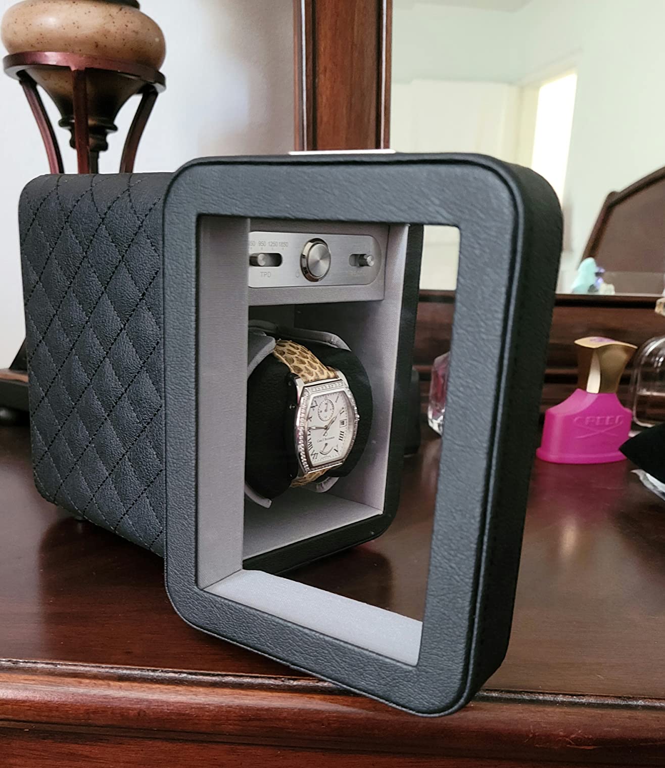 Heiden Monaco Watch Winder - Automatic Watch Winder for Rolex - Black Leather - Battery or AC Adapter, 12 Program Settings, Diamond Stitched Vegan Leather customer photo 1
