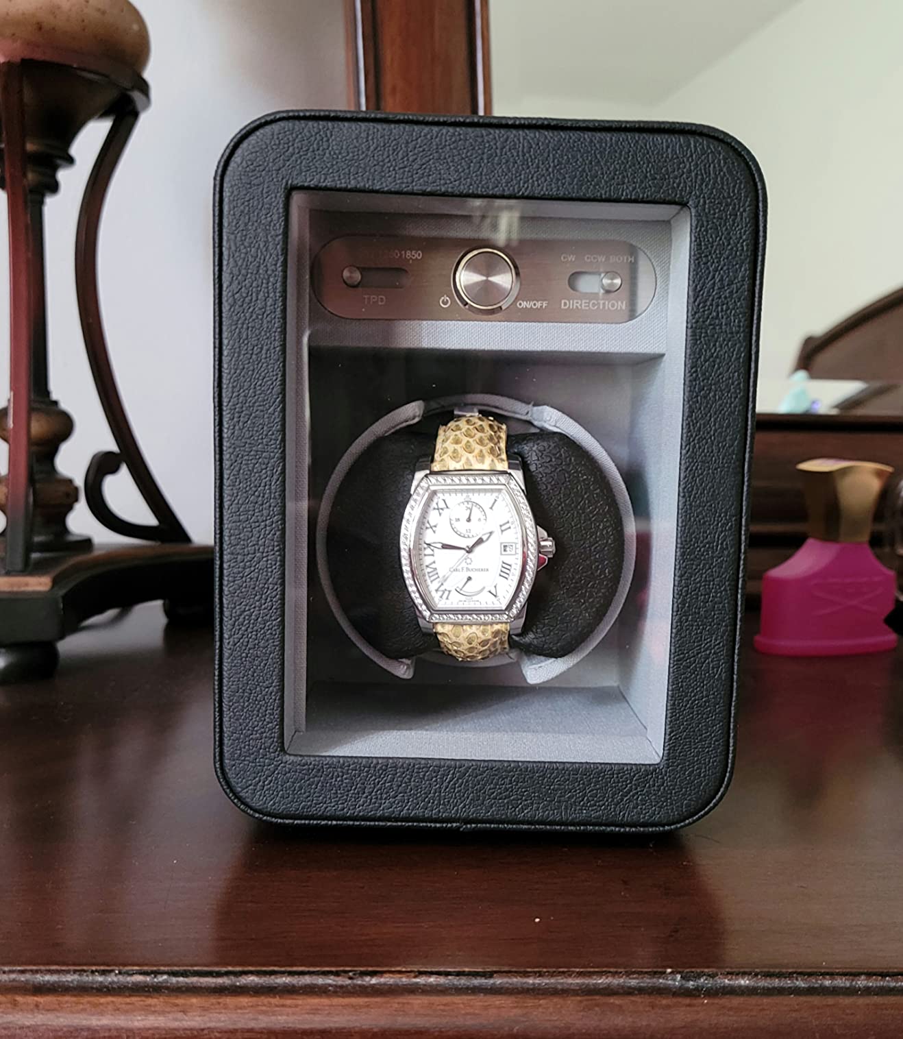 Heiden Monaco Watch Winder - Automatic Watch Winder for Rolex - Black Leather - Battery or AC Adapter, 12 Program Settings, Diamond Stitched Vegan Leather customer photo 2