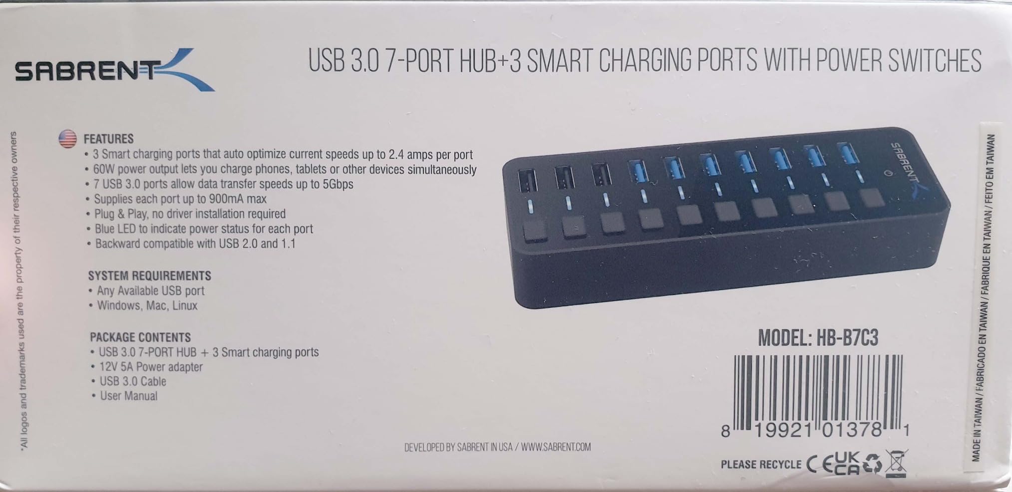 SABRENT 10-Port USB 3.0 Hub, Individual Power Switches and LEDs, 3 Smart Charging Ports, 60W Power Adapter, for PC, Mac, Xbox, PS5, Laptop, Desktop, USB Devices (HB-B7C3) customer photo 2