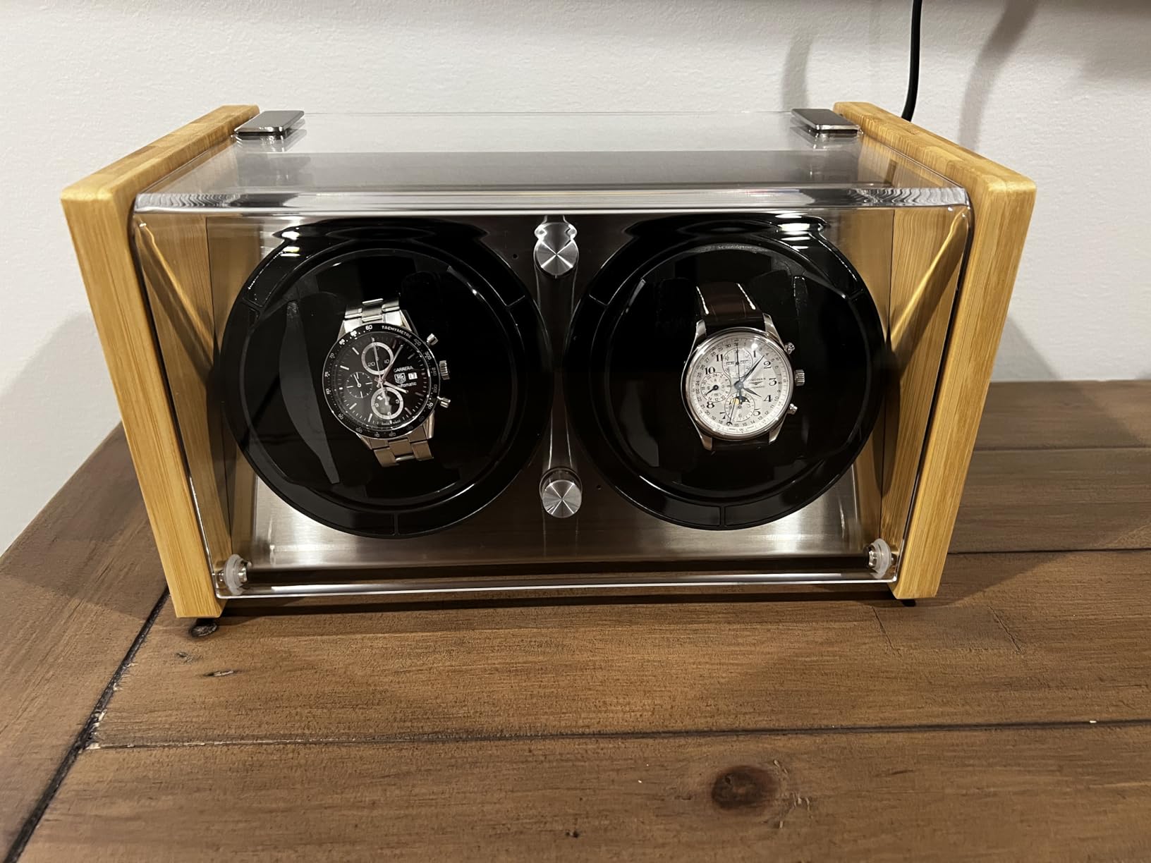Bamboo Single or Dual Watch Winder for Automatic Watches, Ultra-Quiet Japanese Motor with 12-O'Clock Stop, Fits 26mm-56mm Timepieces, Ideal for Bedside & Office customer photo 2