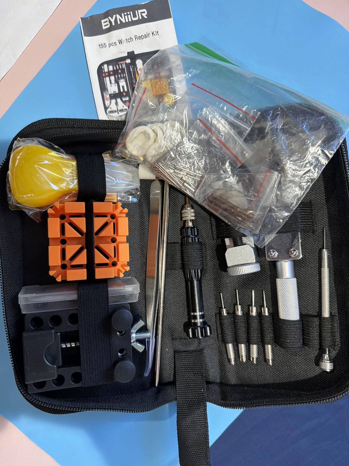 Watch Link Removal Kit, BYNIIUR Watch Repair Kit, Watch Case Opener Spring Bar Tools, Watch Battery Replacement Tool Kit, Watch Band Link Pin Tool Set with Carrying Case and Instruction Manual customer photo 1