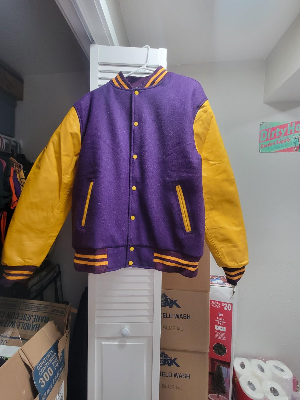 Premium Letterman Baseball School College Bomber Varsity Jacket Purple & Gold Genuine Leather Sleeves customer photo 2