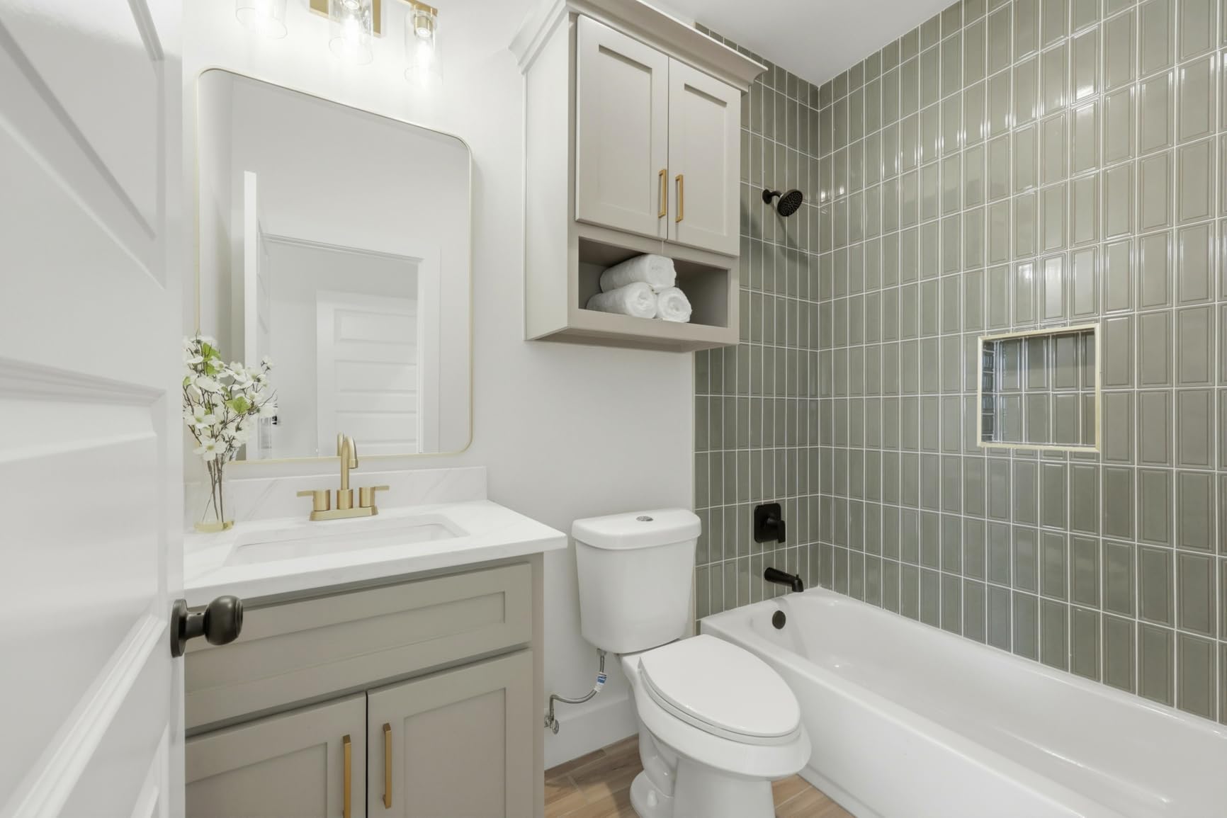 Moen Genta LX Brushed Nickel Pressure Balancing Eco-Performance Modern Shower Trim Including Showerhead, Shower Handle, and Tub Spout (Posi-Temp Valve Required), T2473EPBN customer photo 1