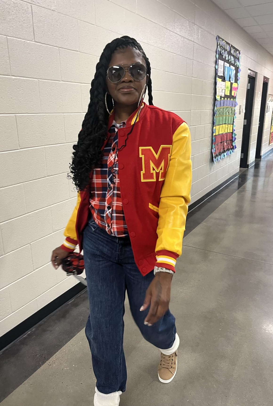 Red Wool Yellow Faux Leather Varsity Letterman Bomber Jacket customer photo 1