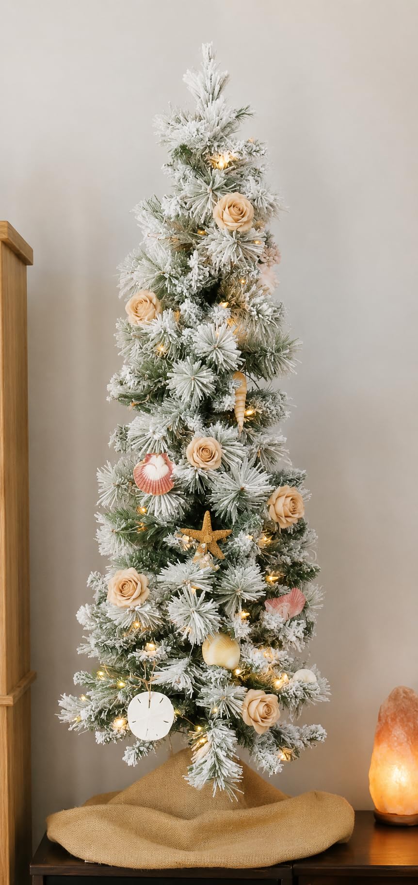 Puleo International 4.5ft Pre-Lit Flocked Portland Pine Pencil Christmas Tree with 100 Clear Lights, 195 Realistic Dense Snow Flocked Branch Tips, Easy Setup Artificial Trees with Sturdy Metal Stand customer photo 2