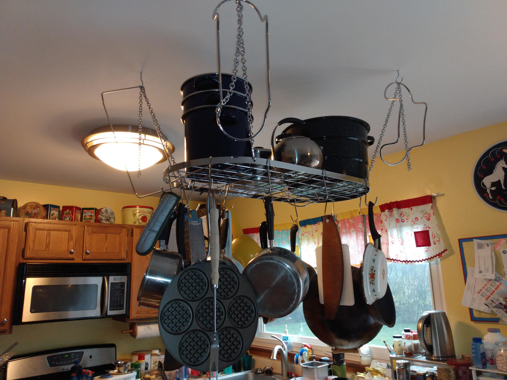 Vdomus Hanging Pot Rack - Ceiling Mount Kitchen Organizer for Pots and Pans with 15 Hooks - 33 x 17 Inches Heavy-Duty, Durable and Space-Saving Pan Holder - Silver customer photo 2