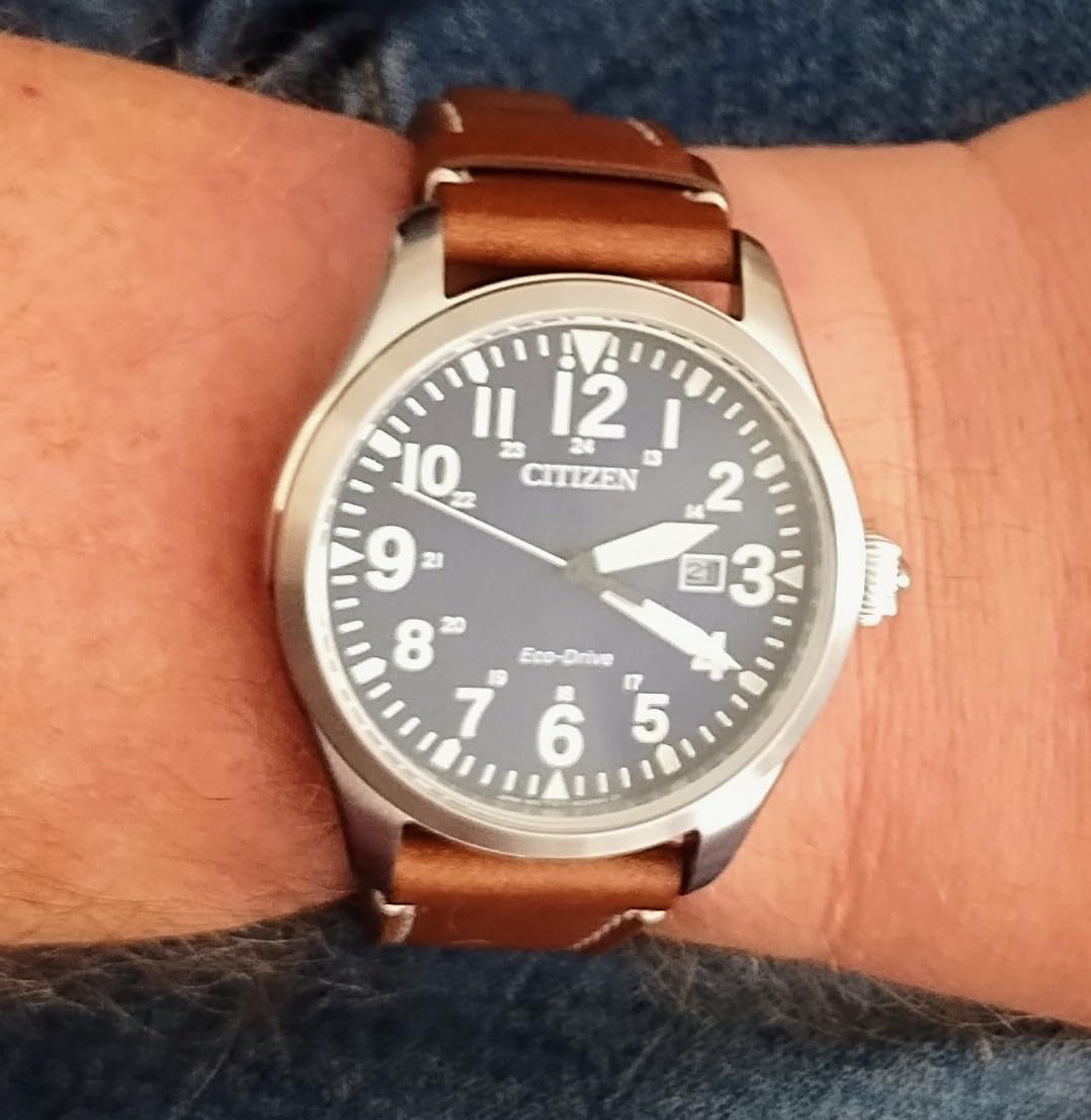 Citizen Men's Sport Casual Garrison 3-Hand Date Eco-Drive Leather Strap Watch, Arabic Markers, Stainless Steel, Field Watch customer photo 1