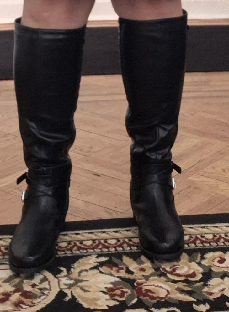 Womens Knee High Boots Wide Calf Flat Low Heel Side Zipper Faux Leather Fashion Winter Riding Boot customer photo 1
