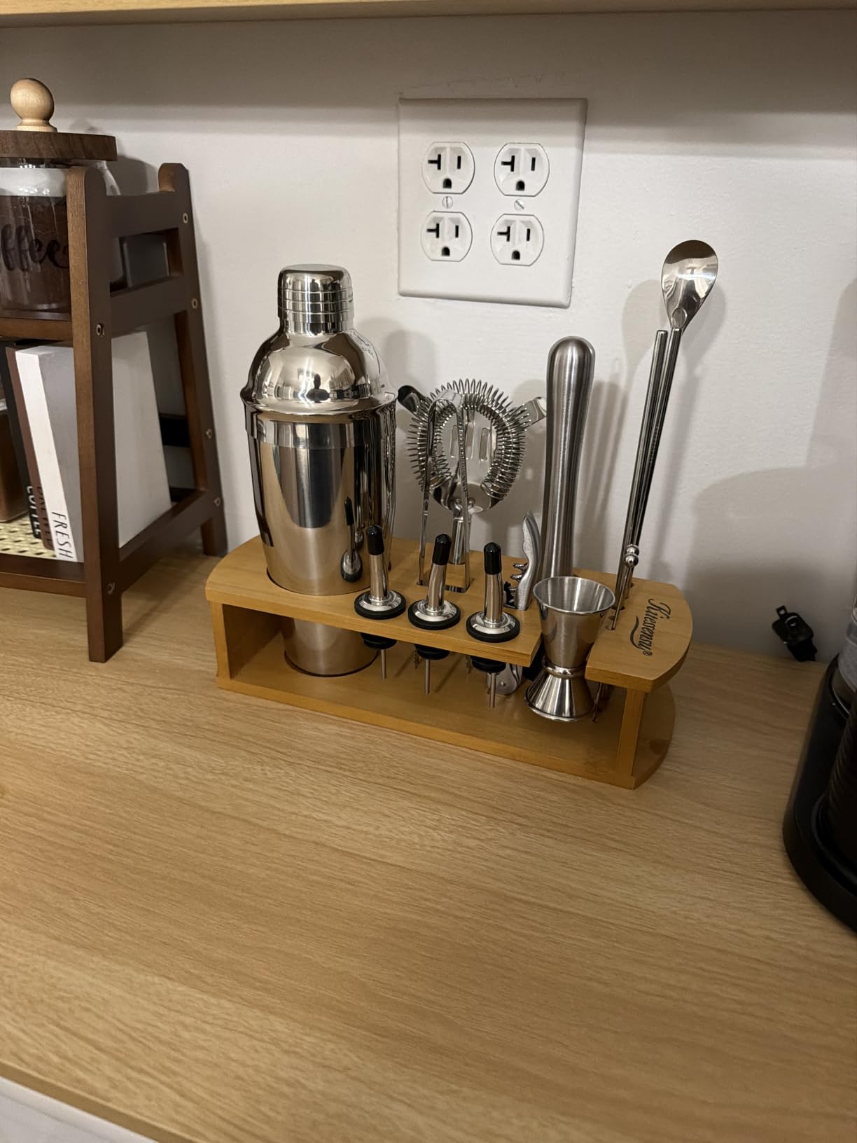 KITESSENSU Cocktail Shaker Set Bartender Kit with Stand | Bar Set Drink Mixer Set with All Essential Accessory Tools: Martini Shaker, Jigger, Strainer, Mixer Spoon, Muddler, Liquor Pourers | Silver customer photo 1
