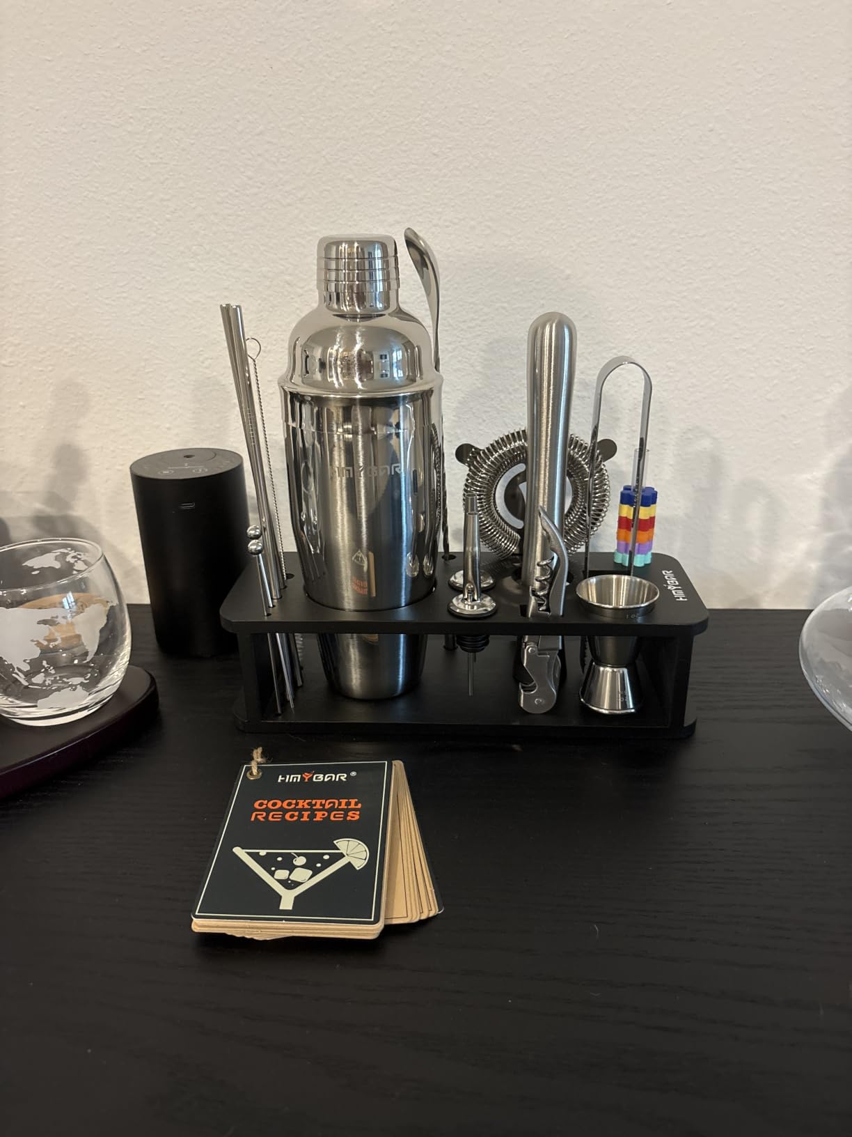 KITESSENSU Cocktail Shaker Set Bartender Kit with Stand | Bar Set Drink Mixer Set with All Essential Accessory Tools: Martini Shaker, Jigger, Strainer, Mixer Spoon, Muddler, Liquor Pourers | Silver customer photo 2