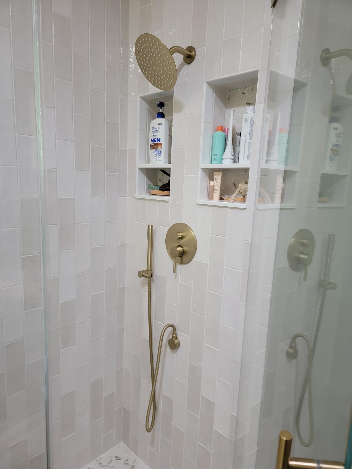 SUMERAIN Brushed Gold Shower Faucet System | with High Pressure 8 Inches Rain Shower Head and Brass Hand Shower, Rough-In Valve Body and Trim Included customer photo 1
