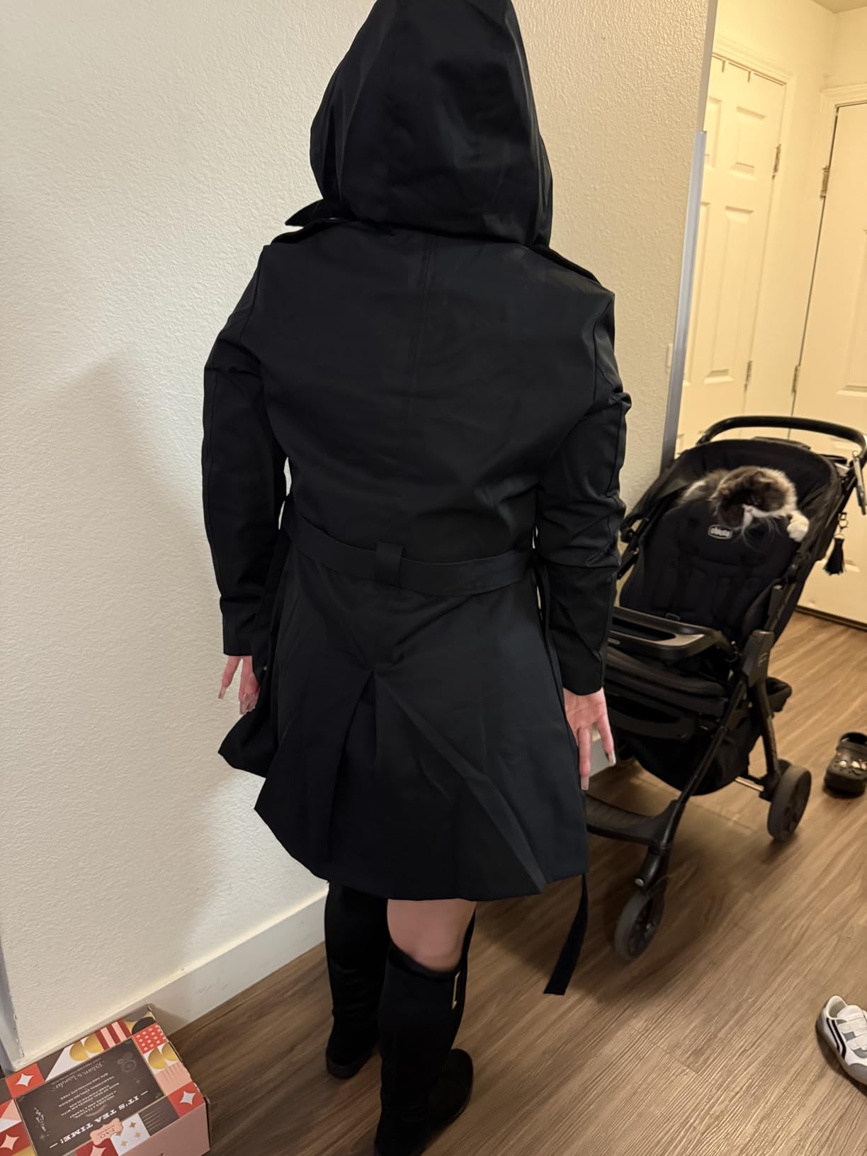 Women's Trench Coat Double-Breasted Classic Lapel Overcoat Belted Slim Outerwear Coat with Detachable Hood customer photo 2