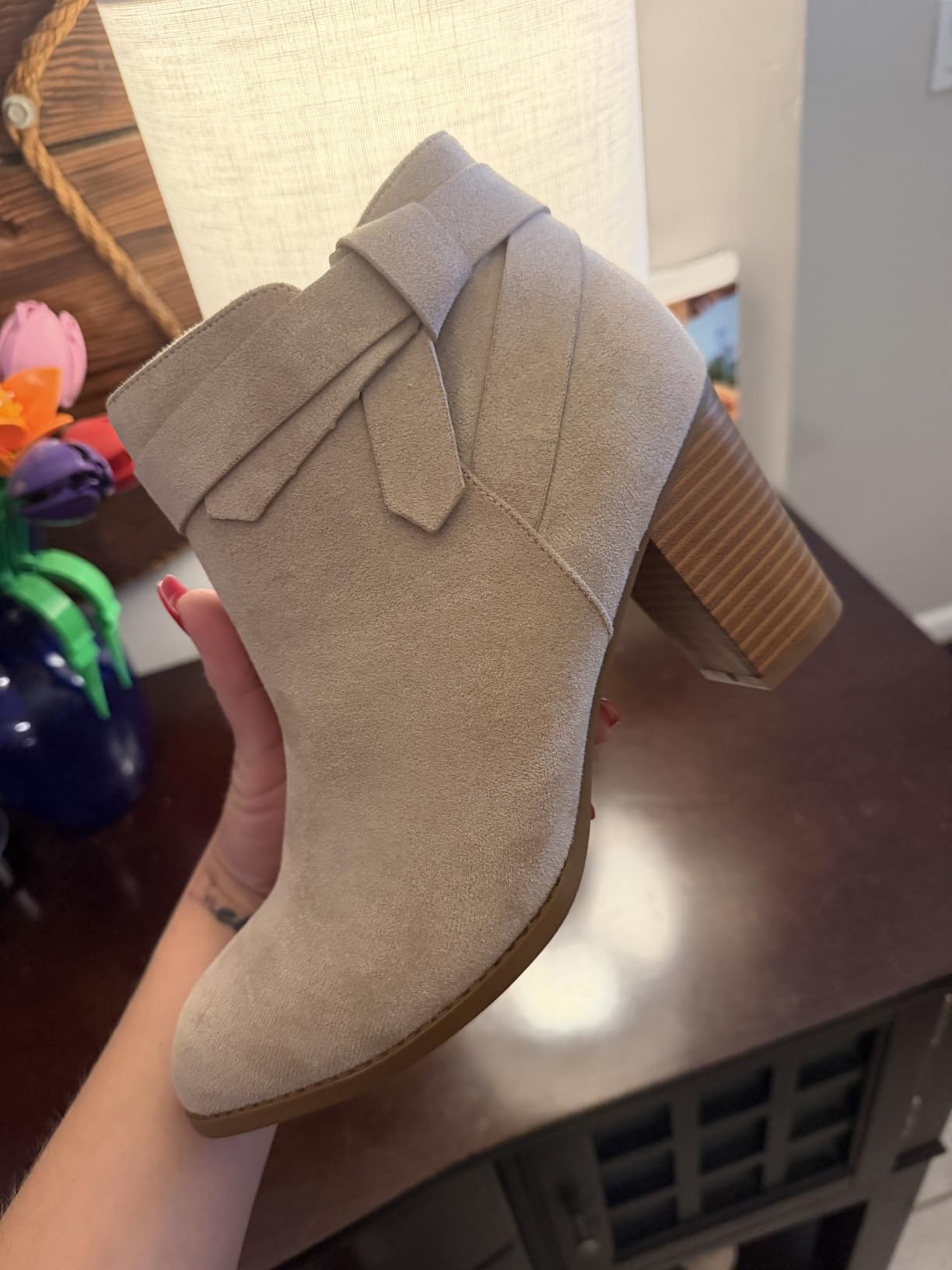 Women's Tie Knot Chelsea Pump Ankle Boots Closed Toe Stacked Heel Booties Shoes customer photo 2