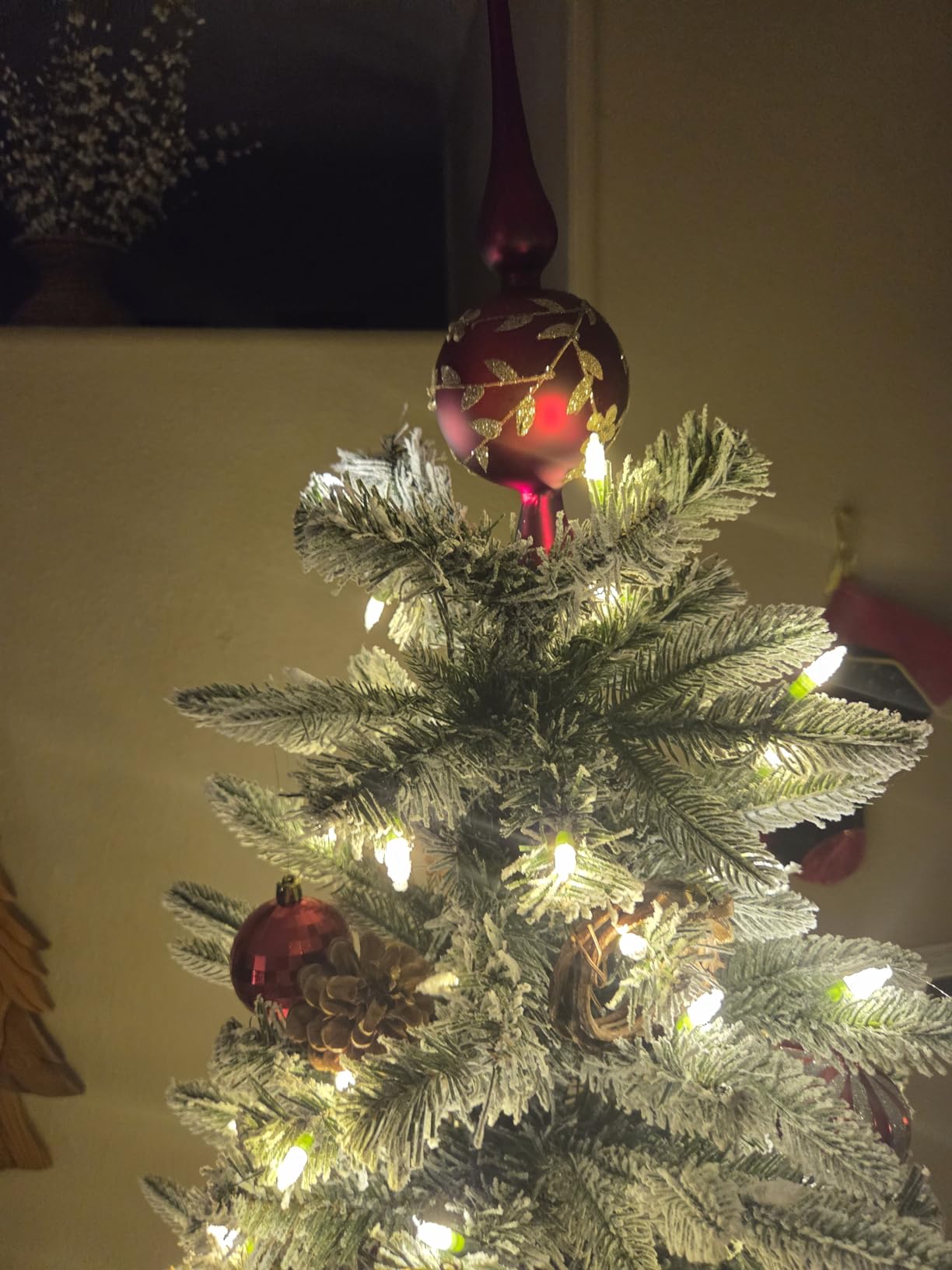 Glass Spherical Christmas Tree Topper Finial Christmas Ornaments with Carved Flowers Holiday Indoor Suitable for Home Party Decoration, 9.8inches, Red customer photo 1