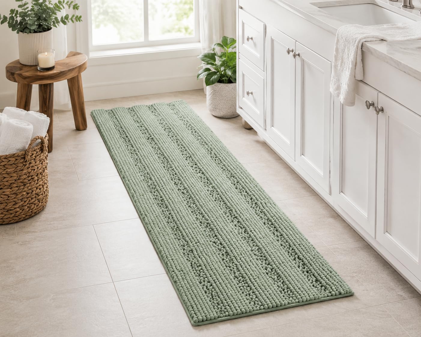 Turquoize Sage Green Bathroom Rugs Runner Extra Long 47 x 17 Large Bath Mat Plush Shaggy Chenille Bathroom Rug Non-Slip, Machine Washable, Sage customer photo 2