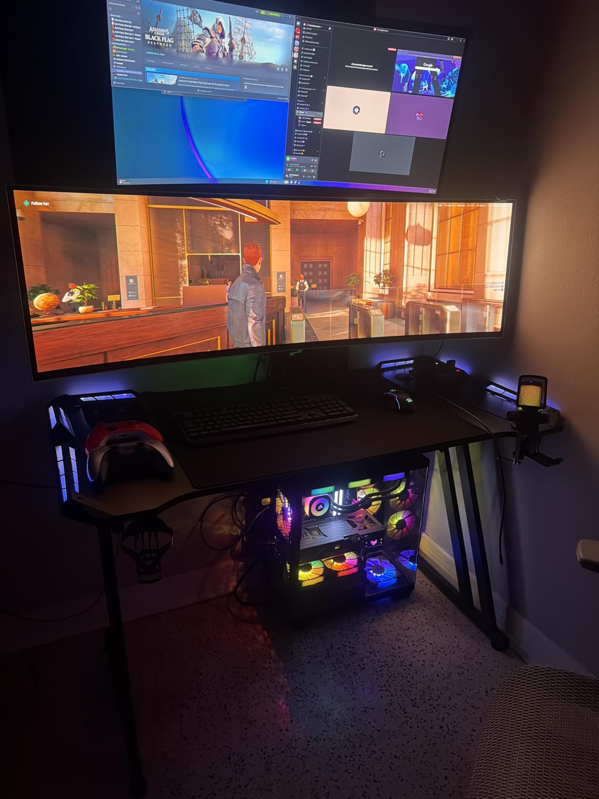 HLDIRECT 47 Inch Gaming Desk with LED Lights, Large RGB Computer Gaming Desk Table with Cup Holder Headphone Hook Mouse Pad, Ergonomic Modern Carbon Fiber Mesa customer photo 1