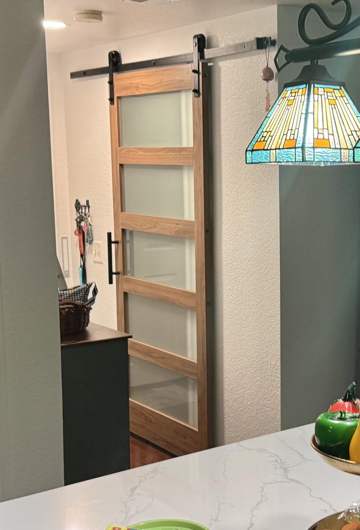 36 x 84 inch Glass Barn Door with 6.6FT Barn Door Hardware Kit & Handle Included, 5-Panel Frosted Glass, Water-Proof Surface, Pre-Drilled Holes, Need Assembly customer photo 1
