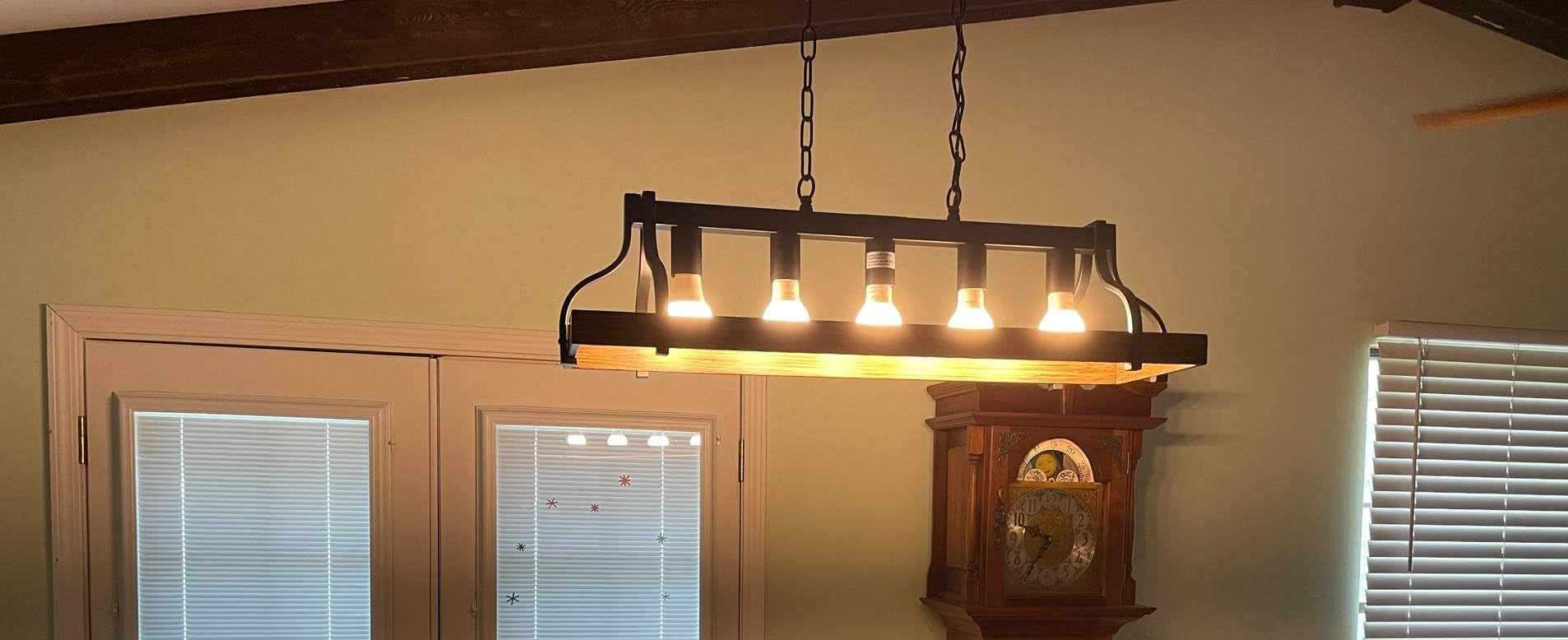 Rustic Kitchen Island Dining Room Light Fixture Farmhouse Linear Chandelier Black and Retro Wood Finish 5-Light Industrial Metal Hanging Pendant Light UL Listed L33.5 W10.6 customer photo 1