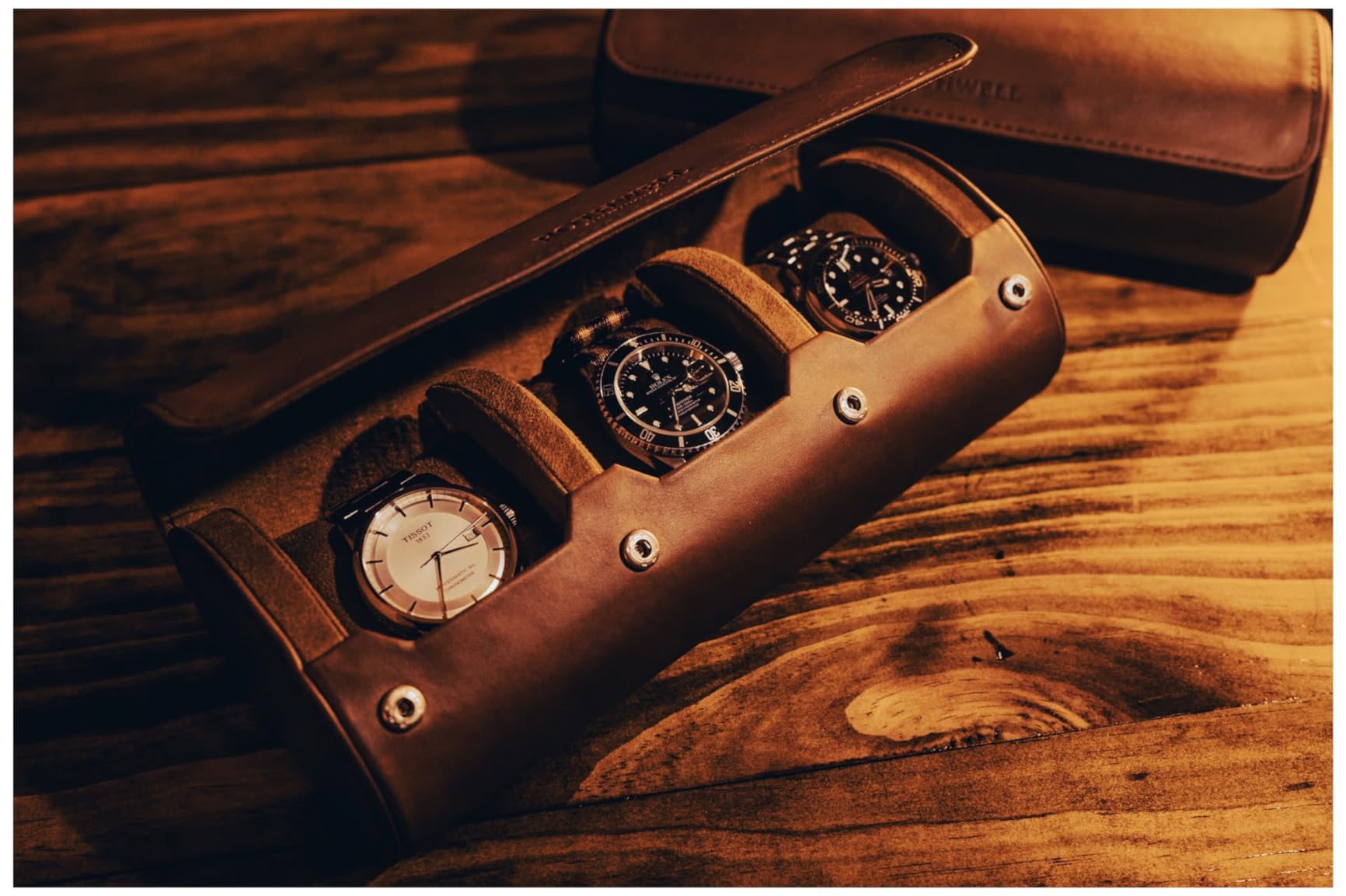 ROTHWELL Watch Roll Travel Case for 3 Watches | Tough Portable Protection, Fits All Wrist Watch & Smart Watches Up to 50mm (Blue/Tan) customer photo 1