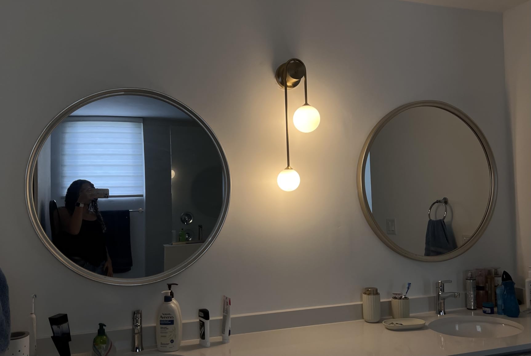 Golden Wall lamp Double Ball, Mid-Century Modern Glass Wall Sconces, with G9 Tricolor Bulb for Living Room Bedroom Bedside Stairs Restaurant Bathroom Corridor Aisle Lighting (1 Pack) customer photo 2