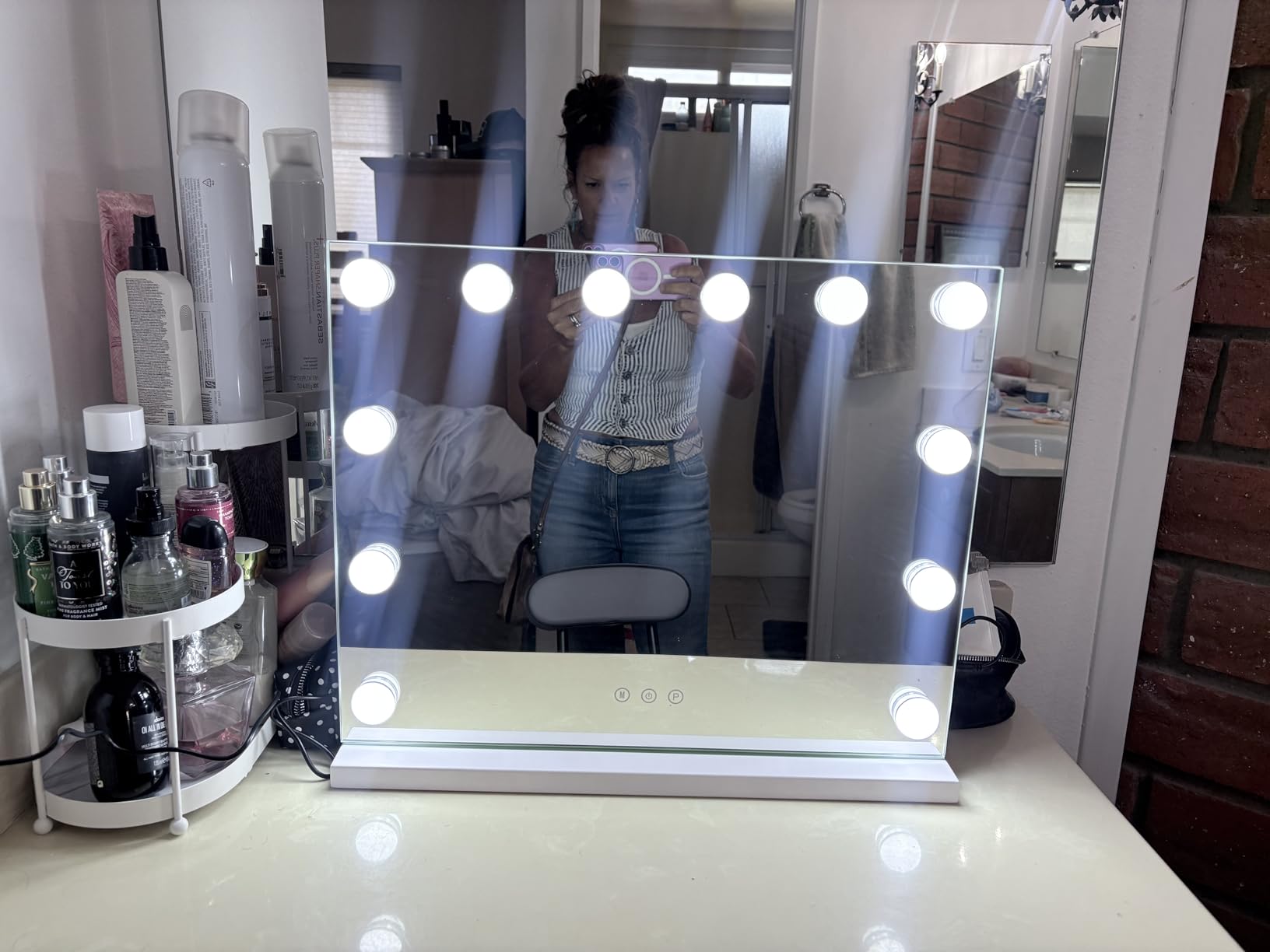 M MIVONDA Hollywood Vanity Mirror with 18 Bulbs Lights, Large Lighted Makeup Mirror for Desk and Wall, Dimmable 3 Lighting Modes, Plug-in & USB Charger Port, White customer photo 2