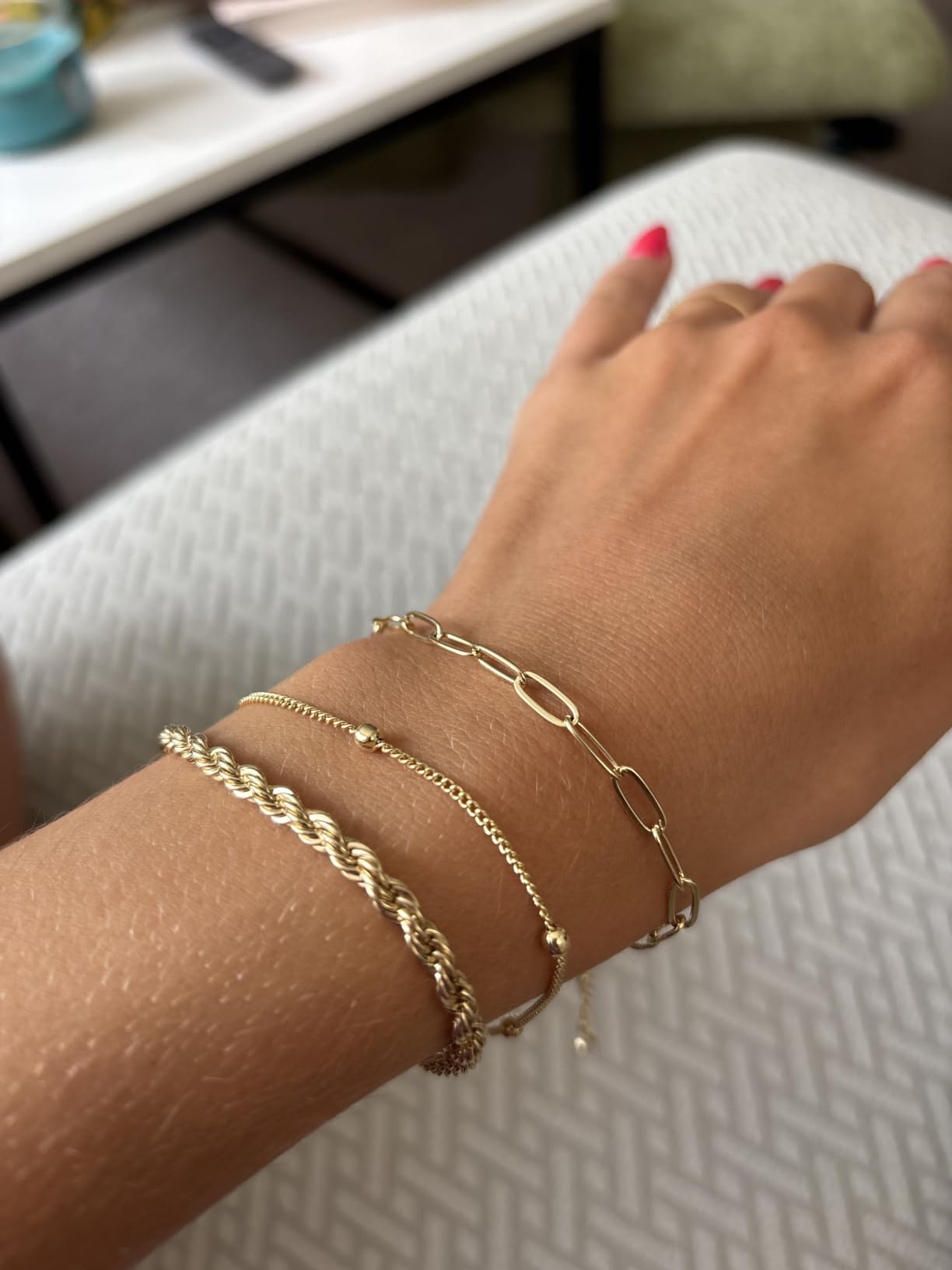 Dearmay Gold Bracelets for Women Waterproof, 14K Gold Plated Minimalist Bracelets Stack Non Tarnish Trendy Dainty Herringbone Vintage Cuban Paperclip Rope Thin Box Link Chain Stackable Jewelry Sets Modern Fashion Accessories Gifts for Womens customer photo 2