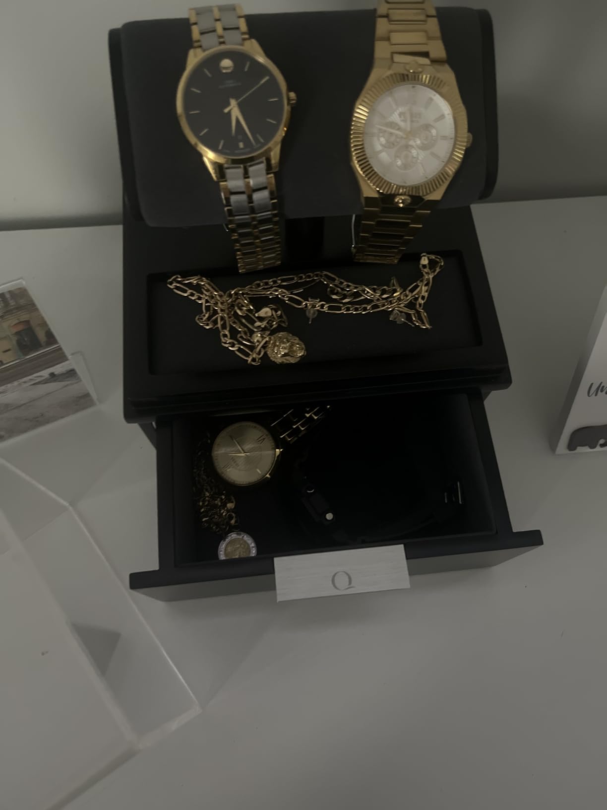 QWATCH Watch Stand Display Case - Acrylic Watch Box for 2 or 4 Watches with Jewelry Valet Tray and Drawer customer photo 1