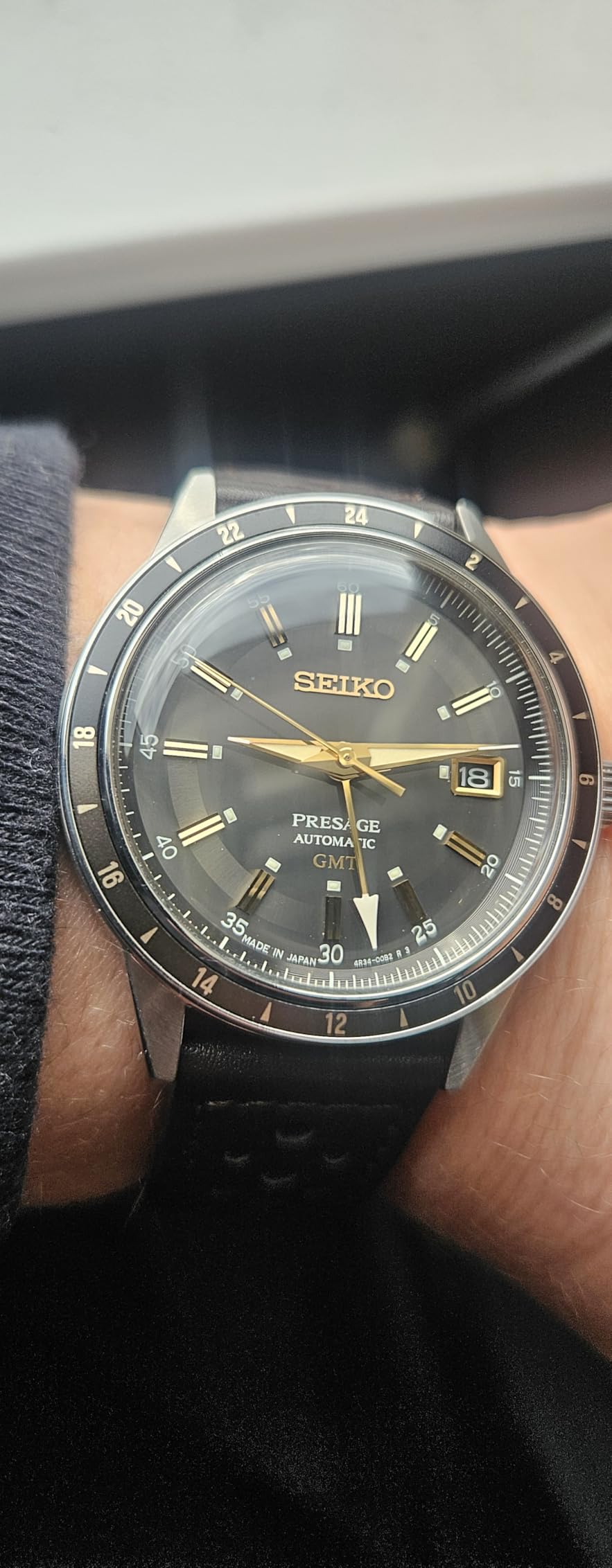 SEIKO Men's Satin Black Dial Brown Grained Leather Band Presage Automatic GMT Analog Watch customer photo 1