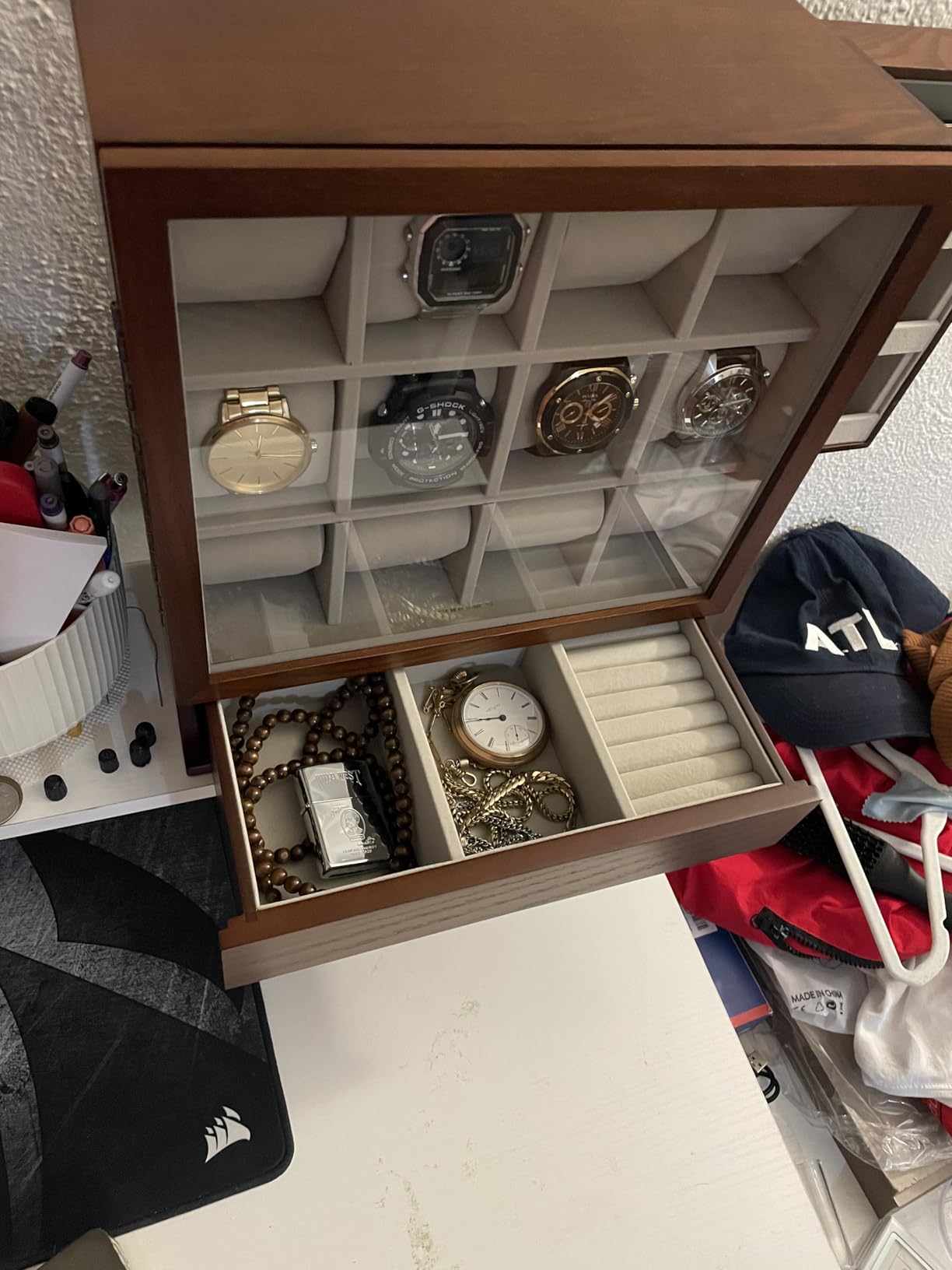 SONGMICS 12-Slot Watch Box, Watch Display Case with Window, Solid Wood Veneer, Velvet Lining, Vertical Storage, Space Saving, Gift Idea, Coffee Brown UJOW014K01 customer photo 1