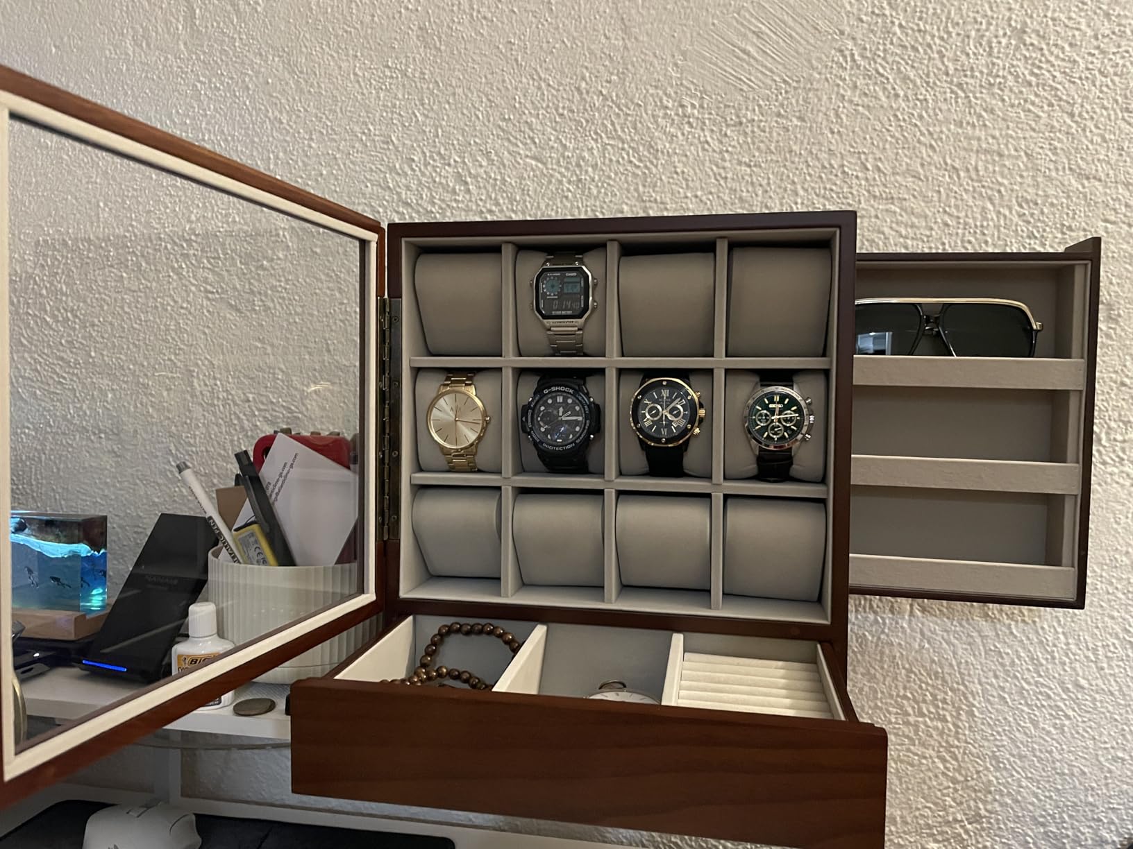 SONGMICS 12-Slot Watch Box, Watch Display Case with Window, Solid Wood Veneer, Velvet Lining, Vertical Storage, Space Saving, Gift Idea, Coffee Brown UJOW014K01 customer photo 2