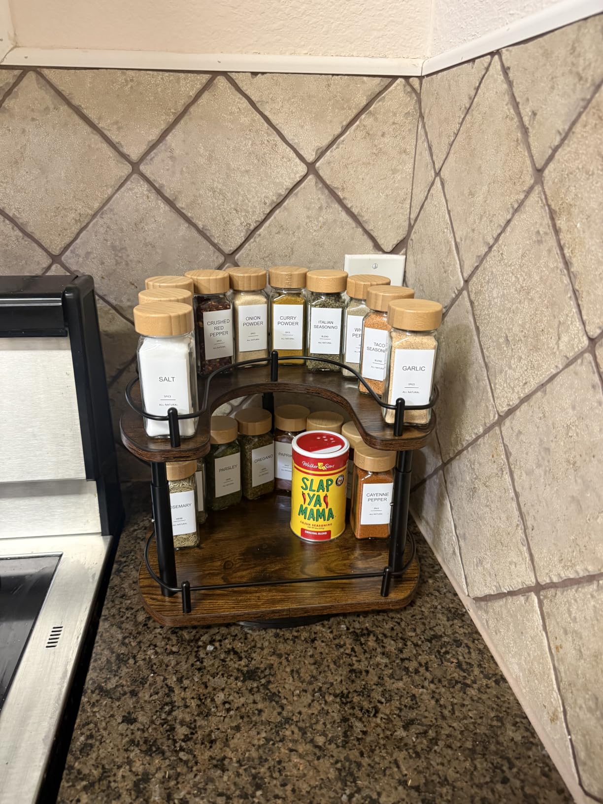 Lazy Susan Organizer Spice Rack - Spice Organization for Cabinet Height Adjustable Rotating Lazy Turntable, Pantry Kitchen Wood Revolving Seasoning Organizer (Vintage, 12 Inch) customer photo 1