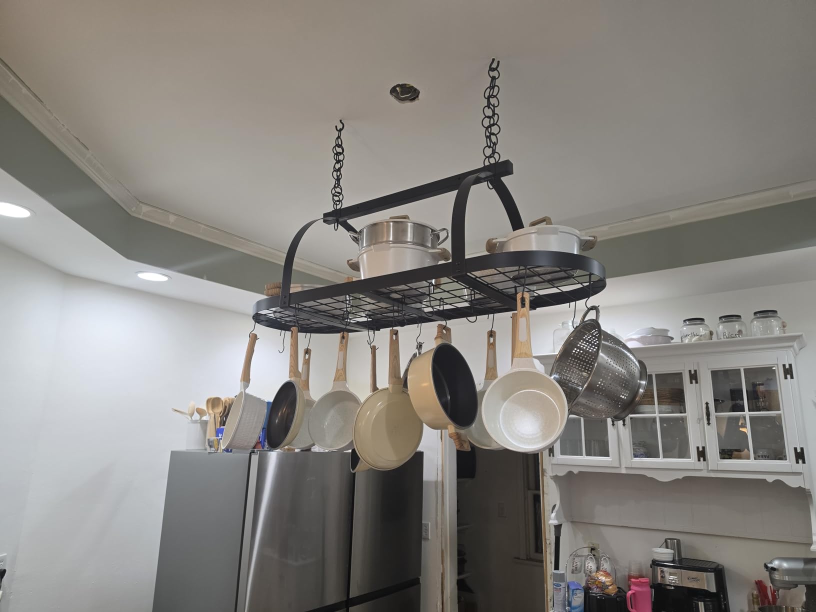 KES 48 Inch Large Hanging Pot Rack, Heavy Duty Oval Pot and Pan Hanging Rack Ceiling Mount, Pot Pan Hangers for Kitchen with 20 Hooks, Matte Black, (For 16