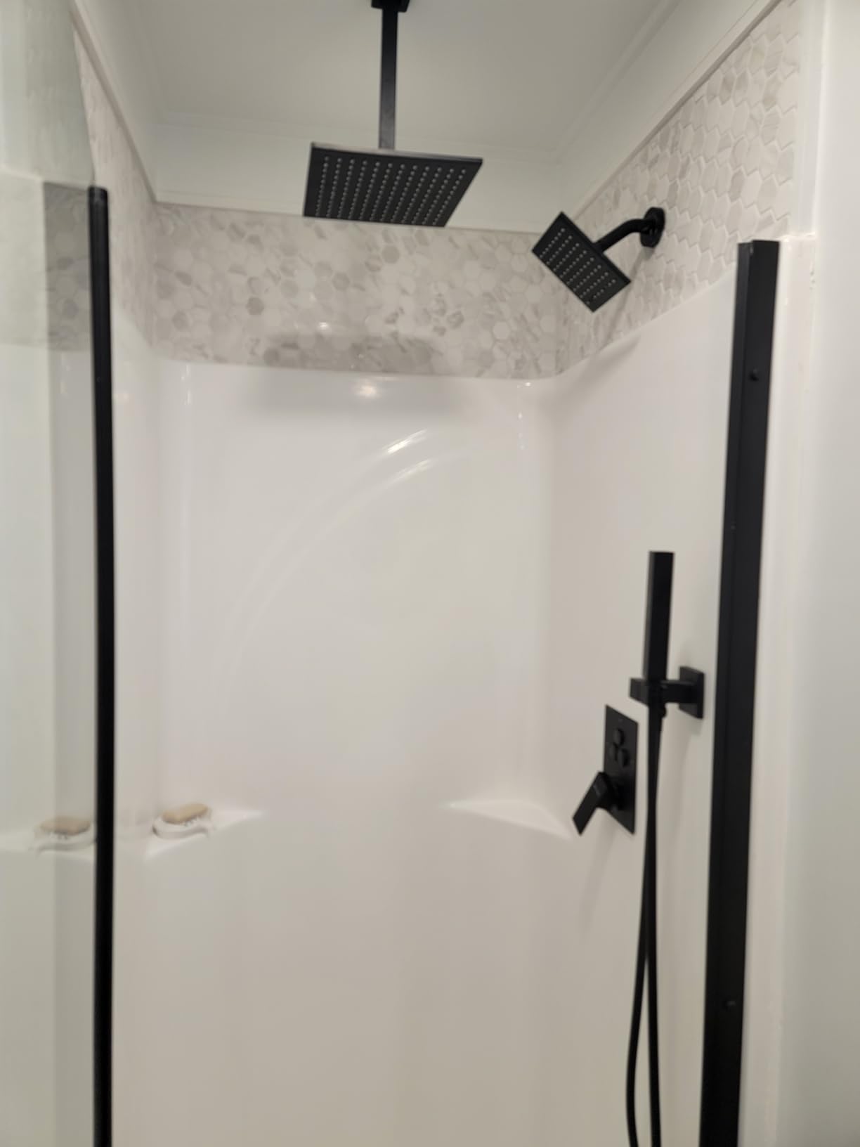 VANFOXLE Shower Faucet Set Matte Black Shower System, Push Button Diverter Shower Faucet with Trim Kit, Ceiling Mount 10 Inch Shower Head Increased Thick, 6 Inch Side Shower Head, 2-in-1 Handheld customer photo 1