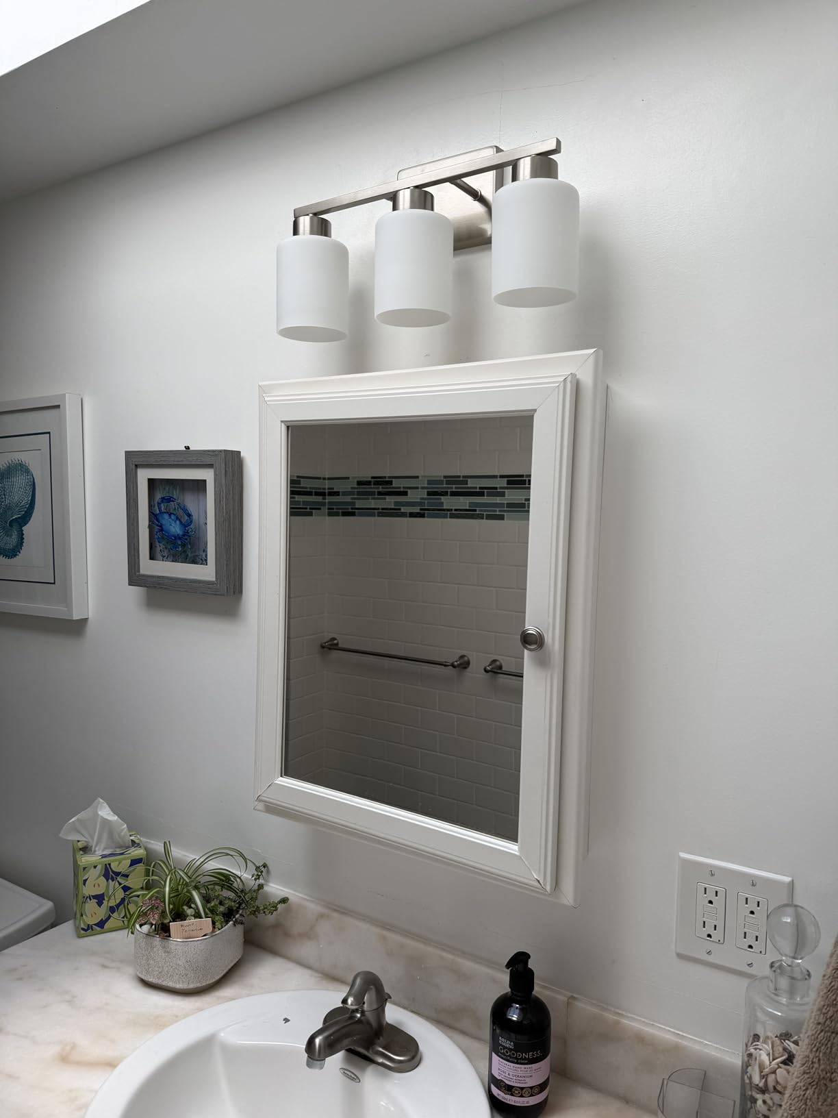 FonmYim Brushed Nickel Bathroom Light Fixtures, 3-Light Modern Vanity Light Over Mirror, Wall Sconces with Milky White Frosted Glass Shades, E26 Socket (Bulbs Not Included) customer photo 2