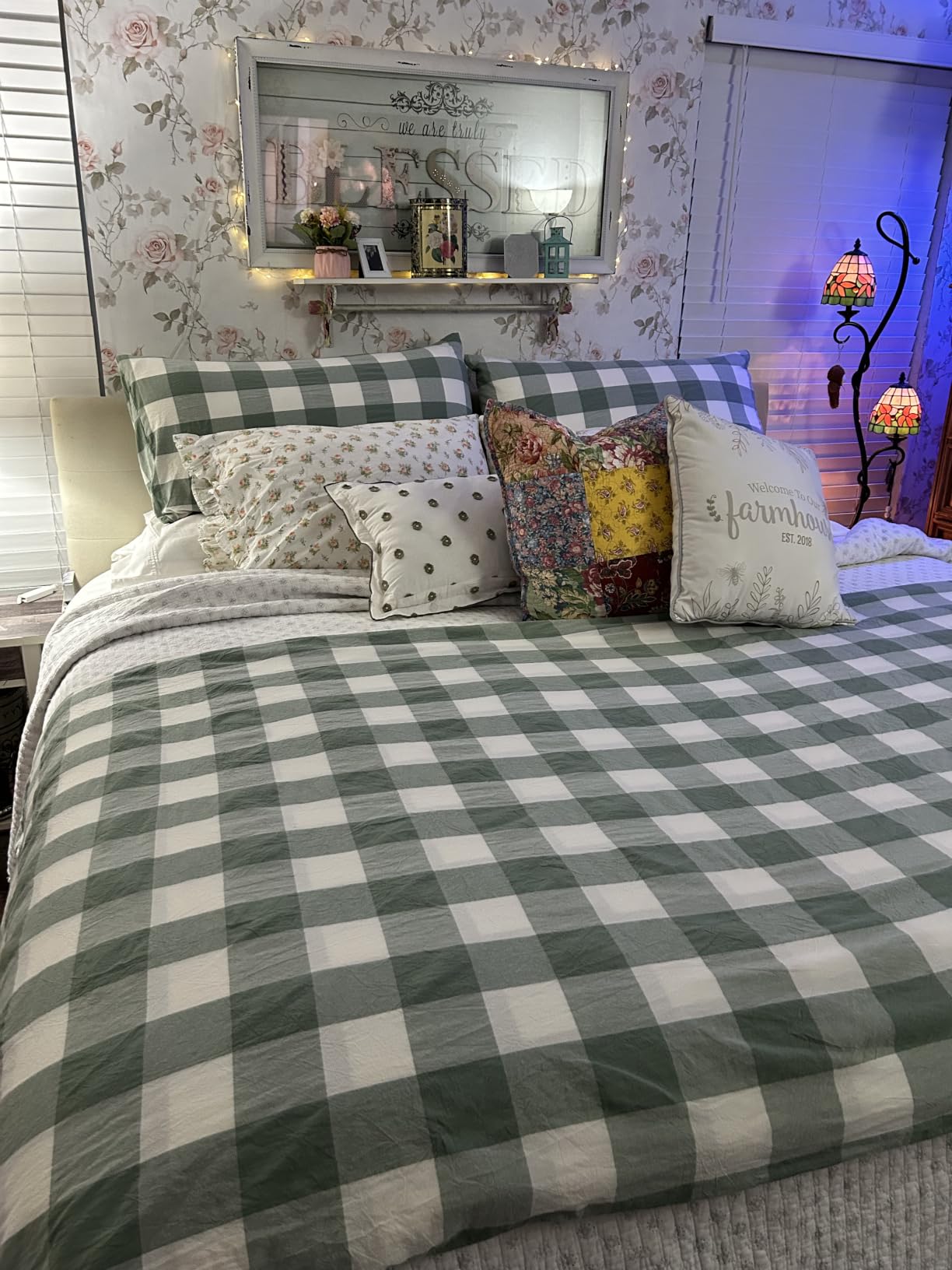 Wake In Cloud - Gingham Cotton Duvet Cover Set, Plaid Buffalo Check Checkered Farmhouse, 100% Washed Cotton Textured Bedding Set, 3 Pieces, Green White, Queen Size customer photo 2