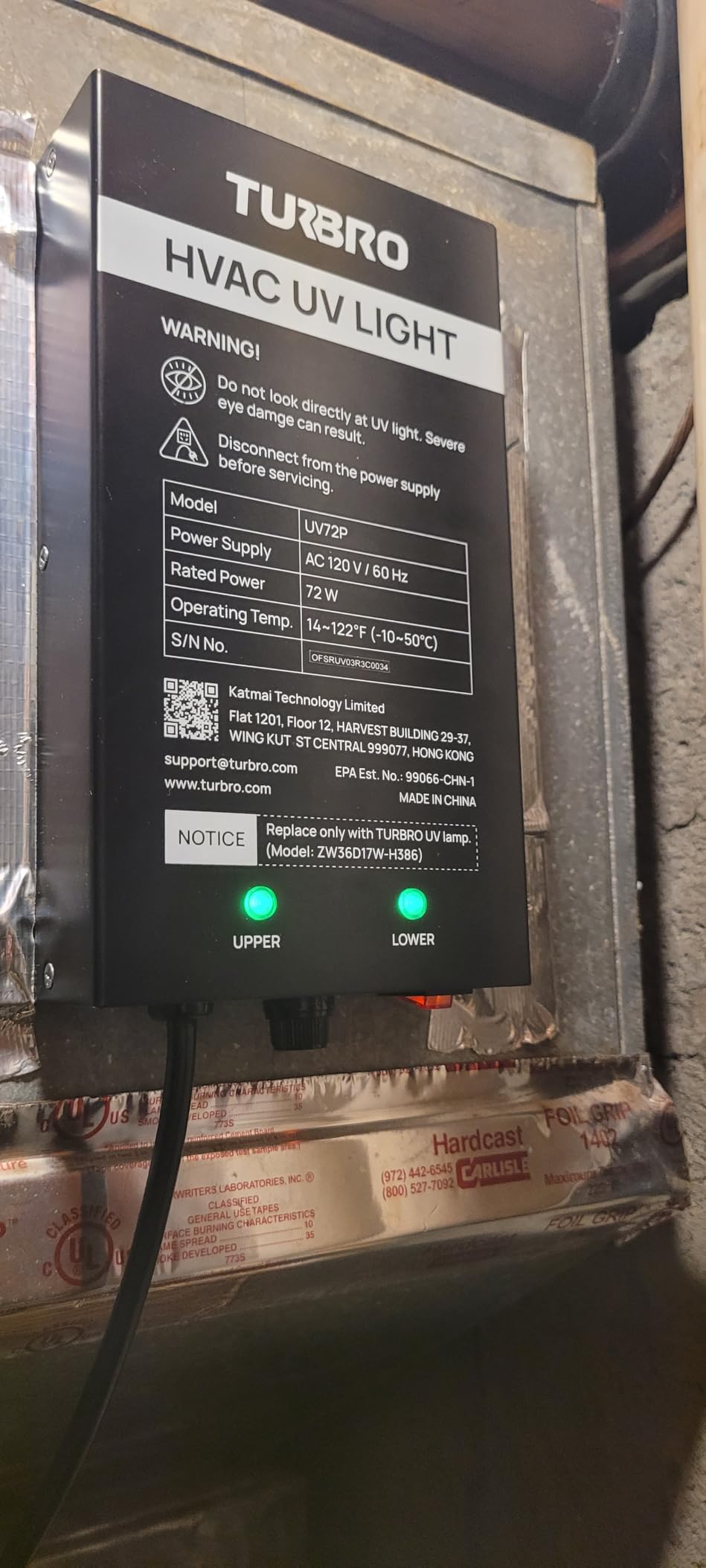 TURBRO AC 120V 72W HVAC UV Light Kit Air Purifier, ETL&CARB Certified, Comes with a 15.2 in 4-Pin 2G11 Base Lamp, Installation Template, and Ballast, for Cleaning Air and Ducted AC Systems, UV72P customer photo 1